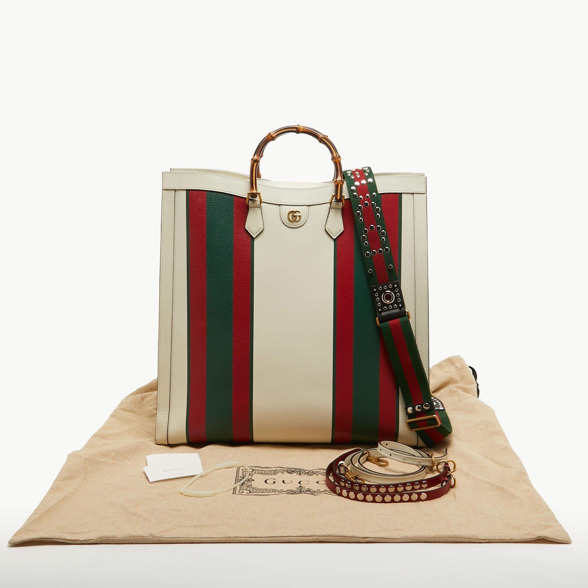 Gucci Off White Leather Web Print Maxi Diana Tote 9
