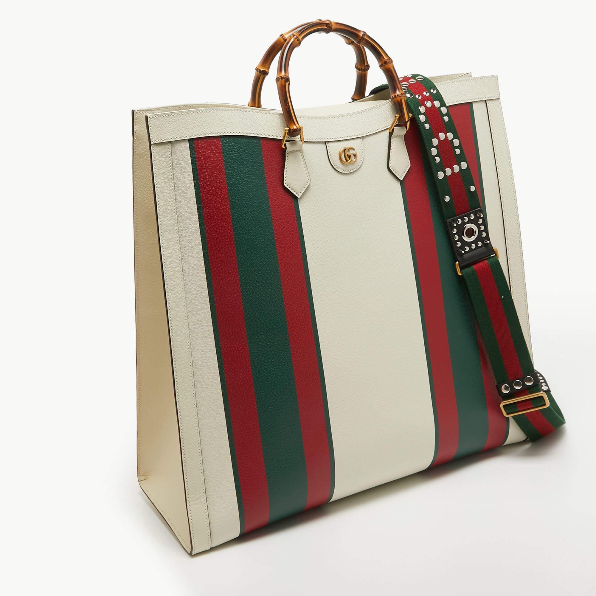 Gucci Off White Leather Web Print Maxi Diana Tote In Excellent Condition For Sale In Dubai, Al Qouz 2