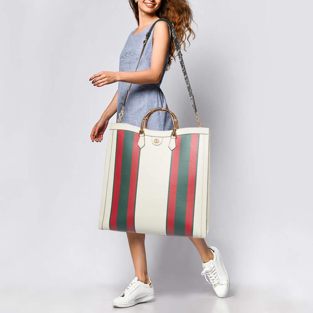 Gucci Off White Leather Web Print Maxi Diana Tote In Excellent Condition In Dubai, Al Qouz 2