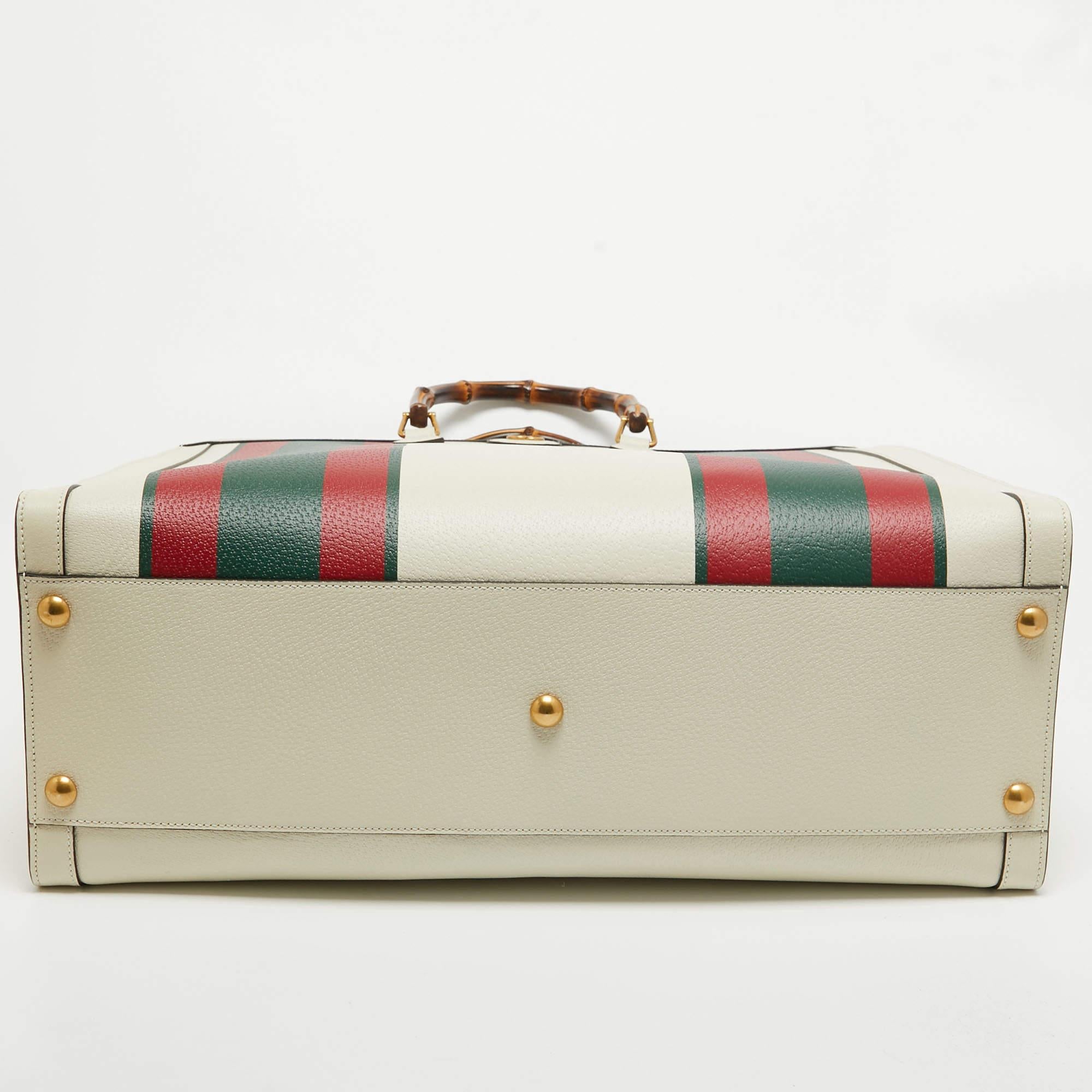 Women's Gucci Off White Leather Web Print Maxi Diana Tote