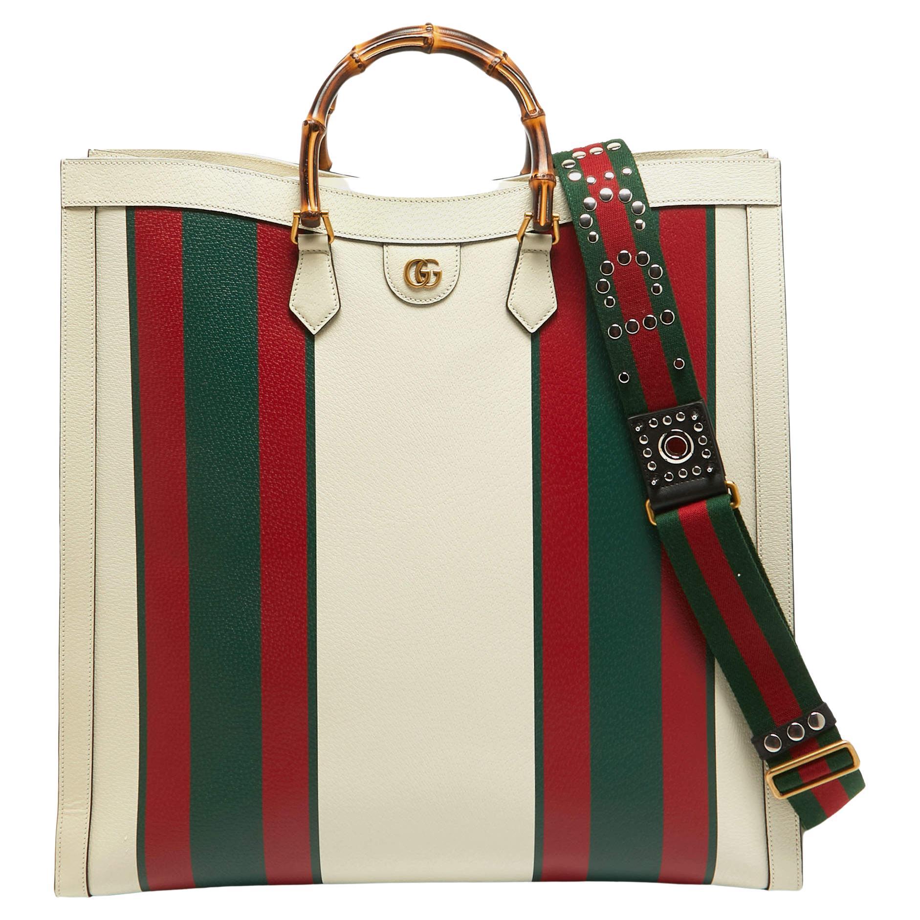 Gucci Off White Leather Web Print Maxi Diana Tote For Sale