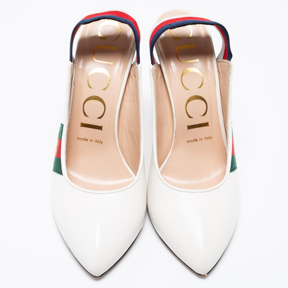 Amp up any outfit with these Gucci Sylvie pumps. Crafted from leather in Italy, they feature covered toes, slim heels, and the Web strap as elastic slingbacks. The grand white shade adds to this pair in a fashionable way.

