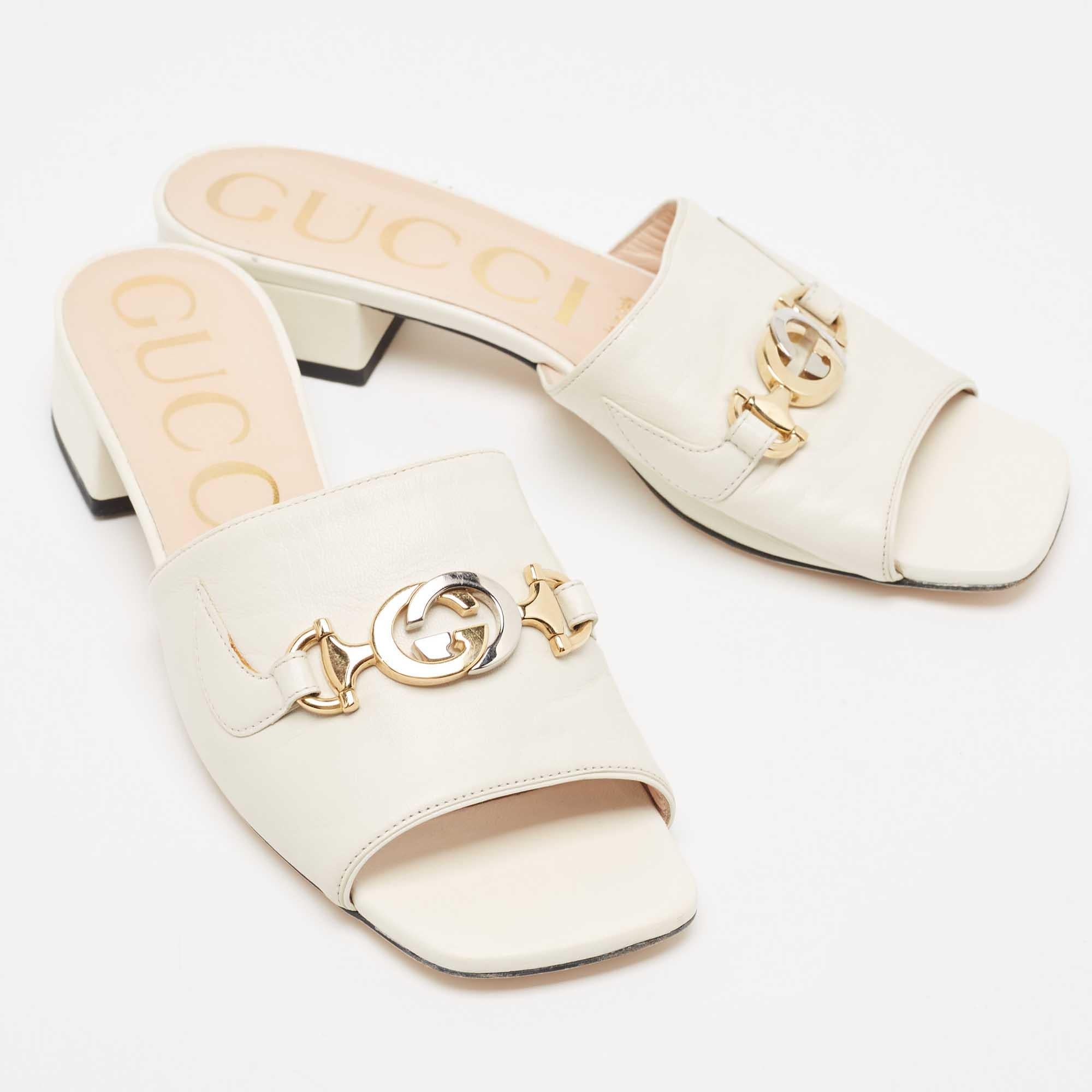 Gucci Off White Leather Zumi Slide Sandals Size 37 In Good Condition In Dubai, Al Qouz 2