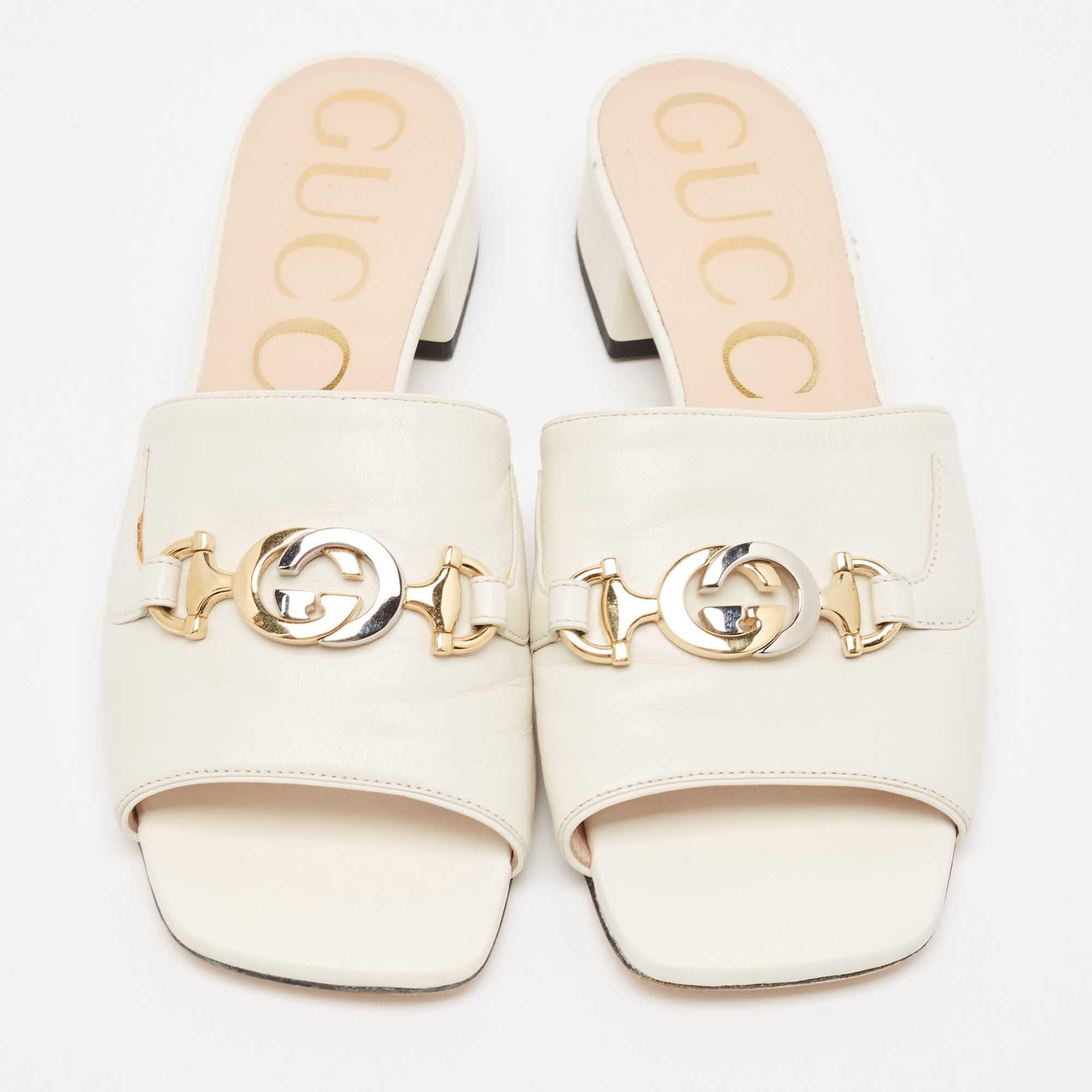 Women's Gucci Off White Leather Zumi Slide Sandals Size 37