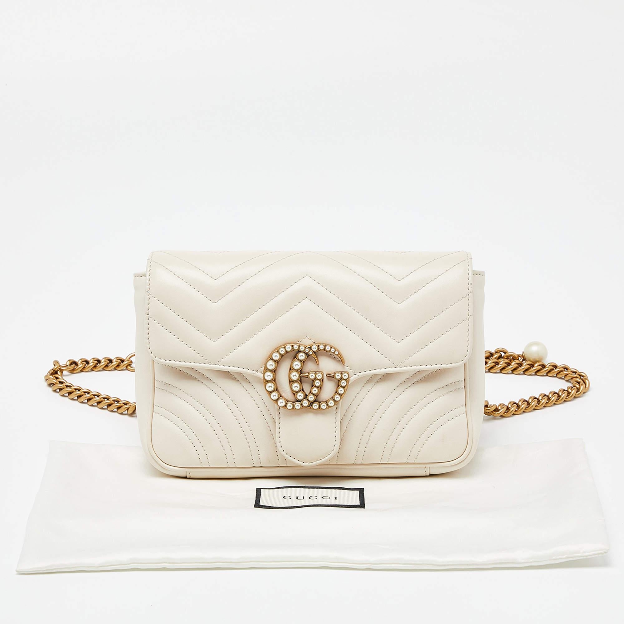 Gucci Off White Matelassé Leather GG Pearl Marmont Chain Belt Bag 8