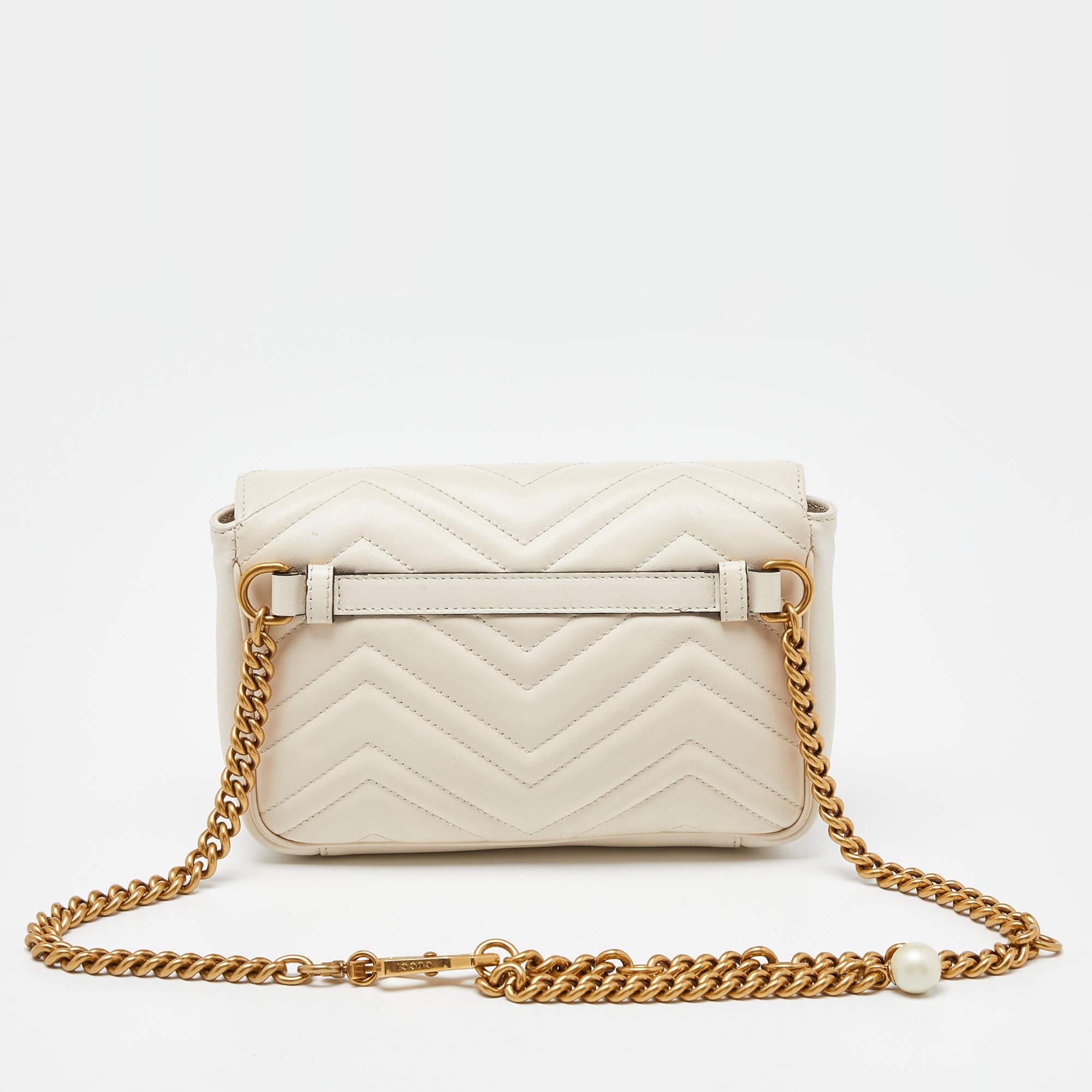 Women's Gucci Off White Matelassé Leather GG Pearl Marmont Chain Belt Bag