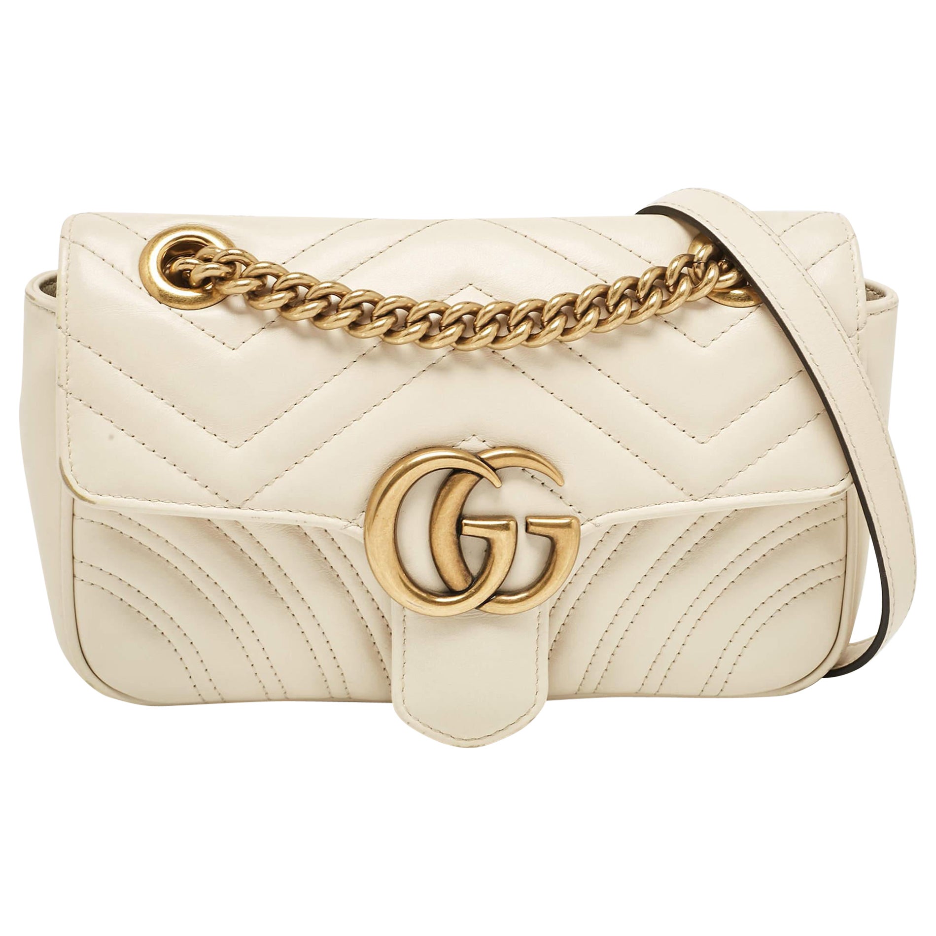 Gucci Off White Matelassé Leather Mini GG Marmont Shoulder Bag