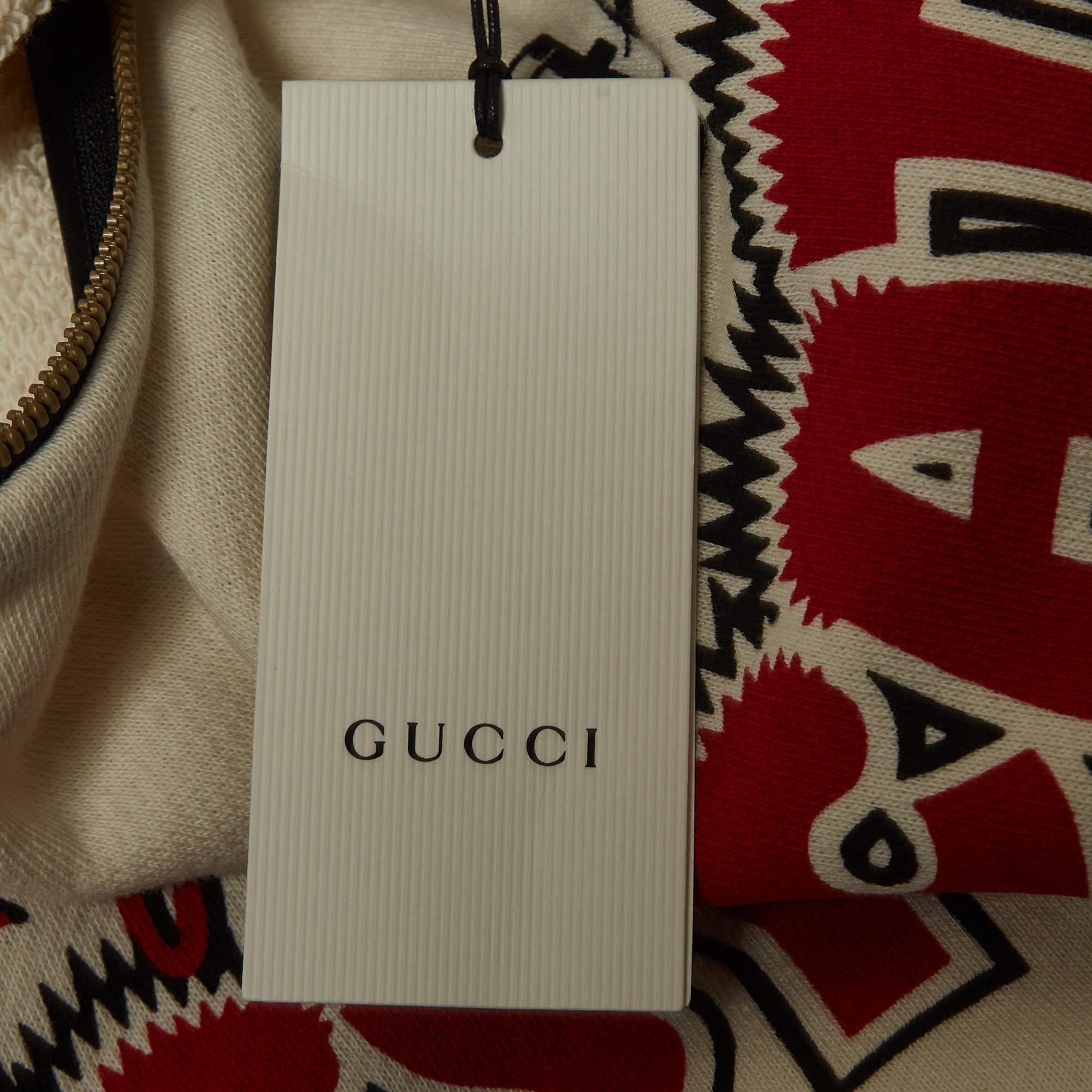 Gucci Off-White Printed Cotton Zipper Detail Sweatshirt S For Sale 1