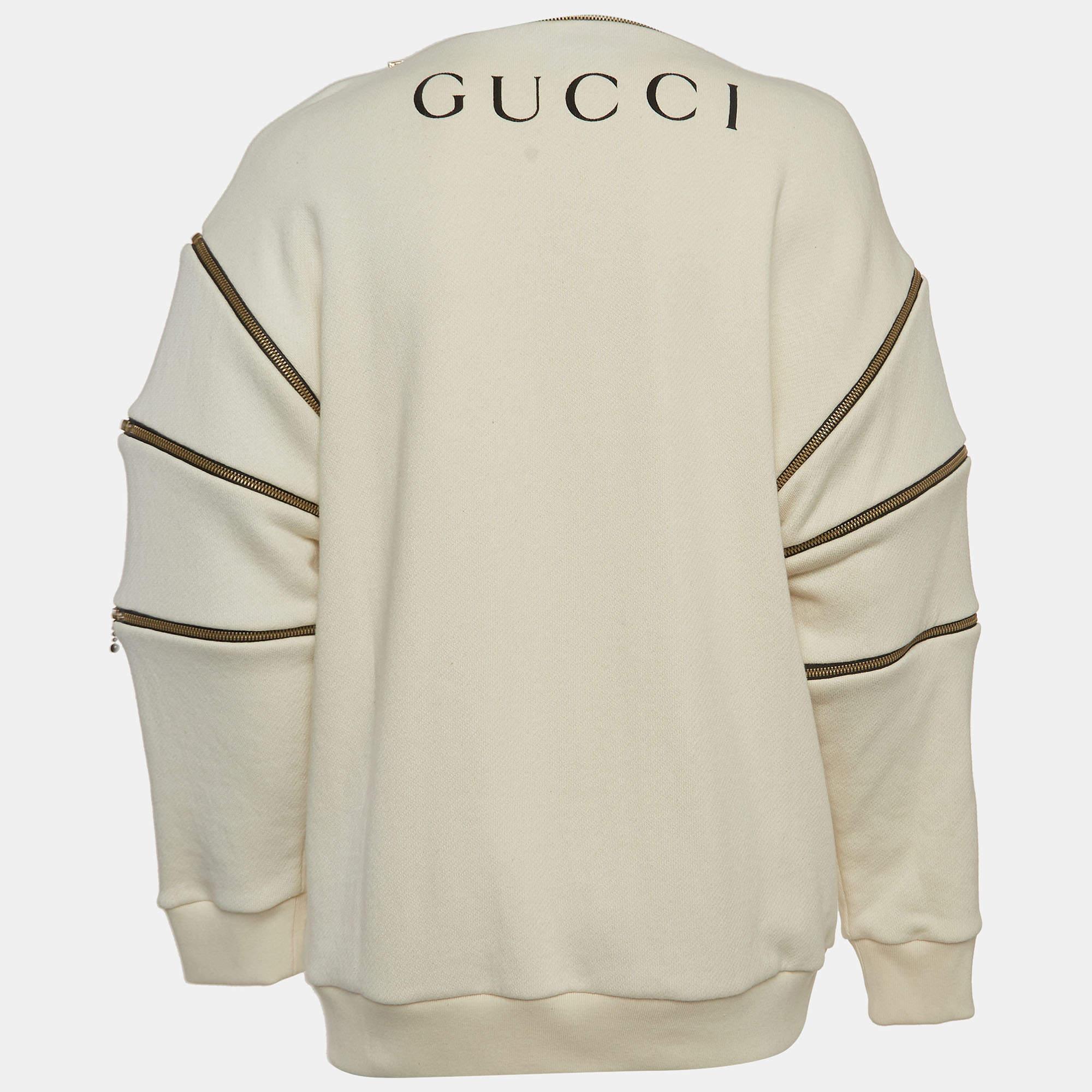 Women's Gucci Off-White Printed Cotton Zipper Detail Sweatshirt S