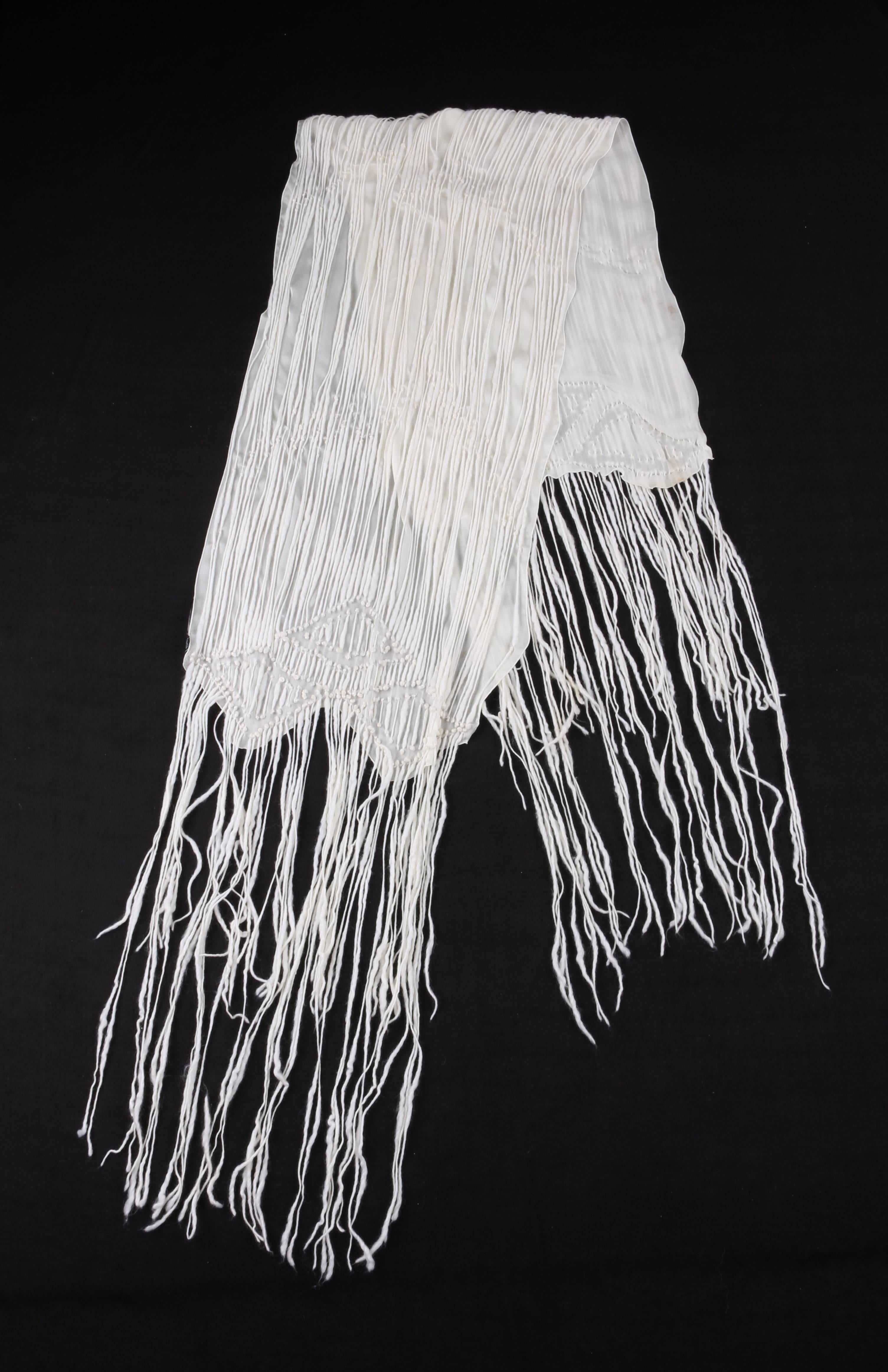 Women's GUCCI Off White Raw Spun Wool Fringe Silk Chiffon Oblong X-Long Scarf Wrap  For Sale