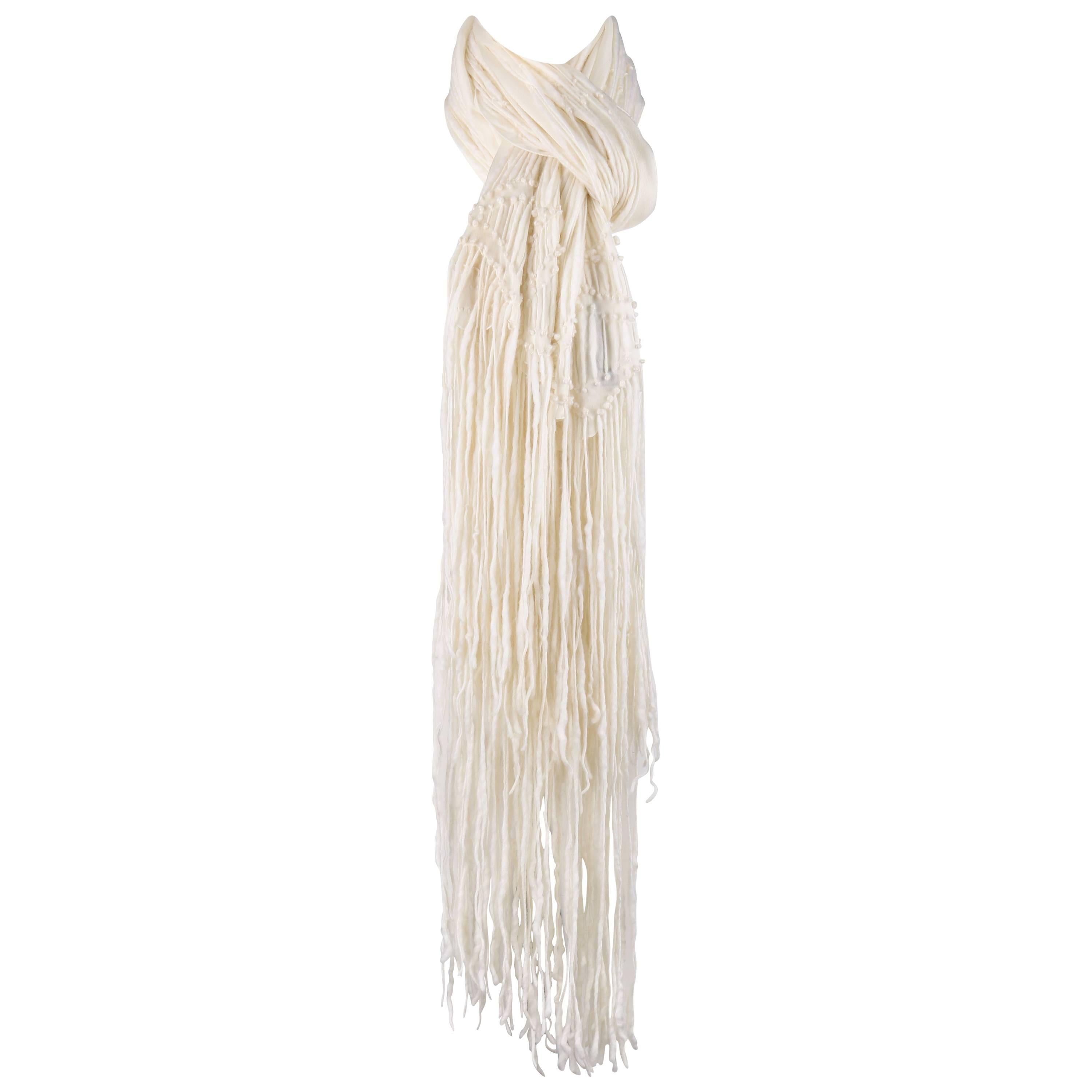 GUCCI Off White Raw Spun Wool Fringe Silk Chiffon Oblong X-Long Scarf Wrap