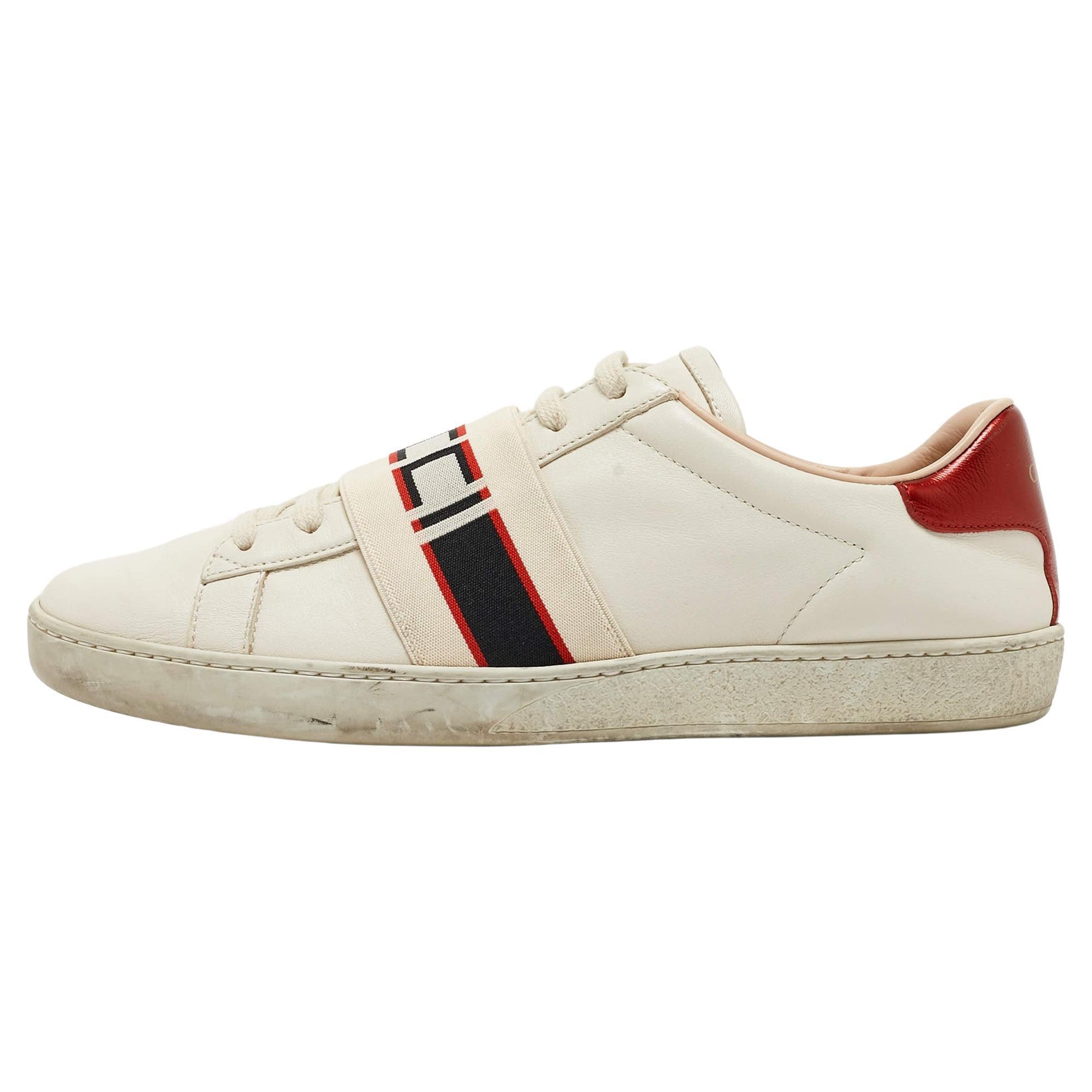 Gucci Off White/Red Leather Ace Stripe Sneakers Size 39 For Sale