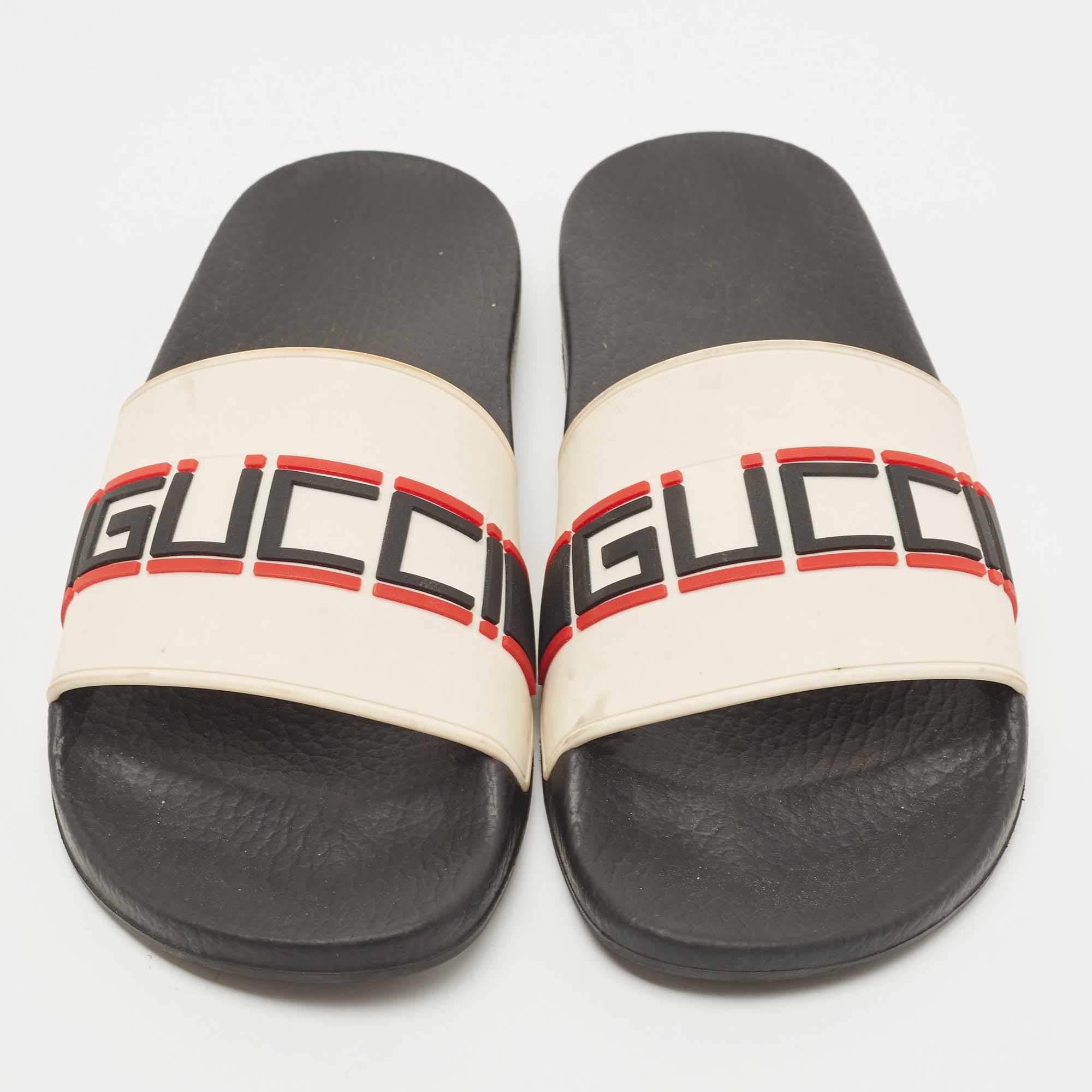 Black Gucci Off White Rubber Logo Slides Size 38 For Sale