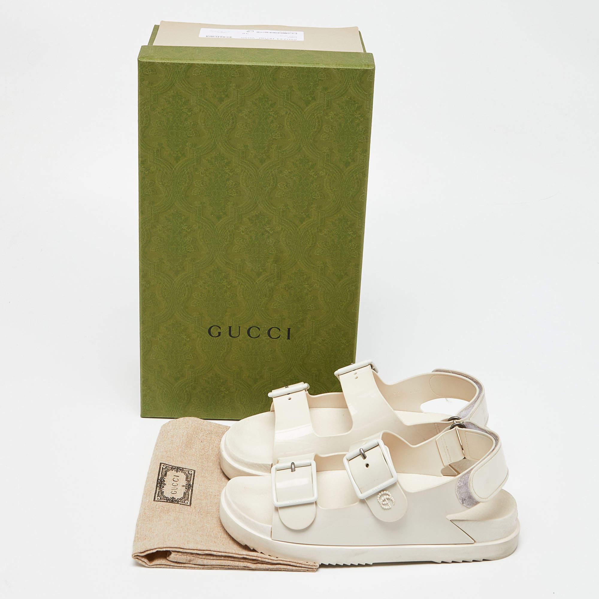 Gucci Off White Rubber Mini Double G Logo Dusty Ankle Strap Flat Sandals Size 38 7