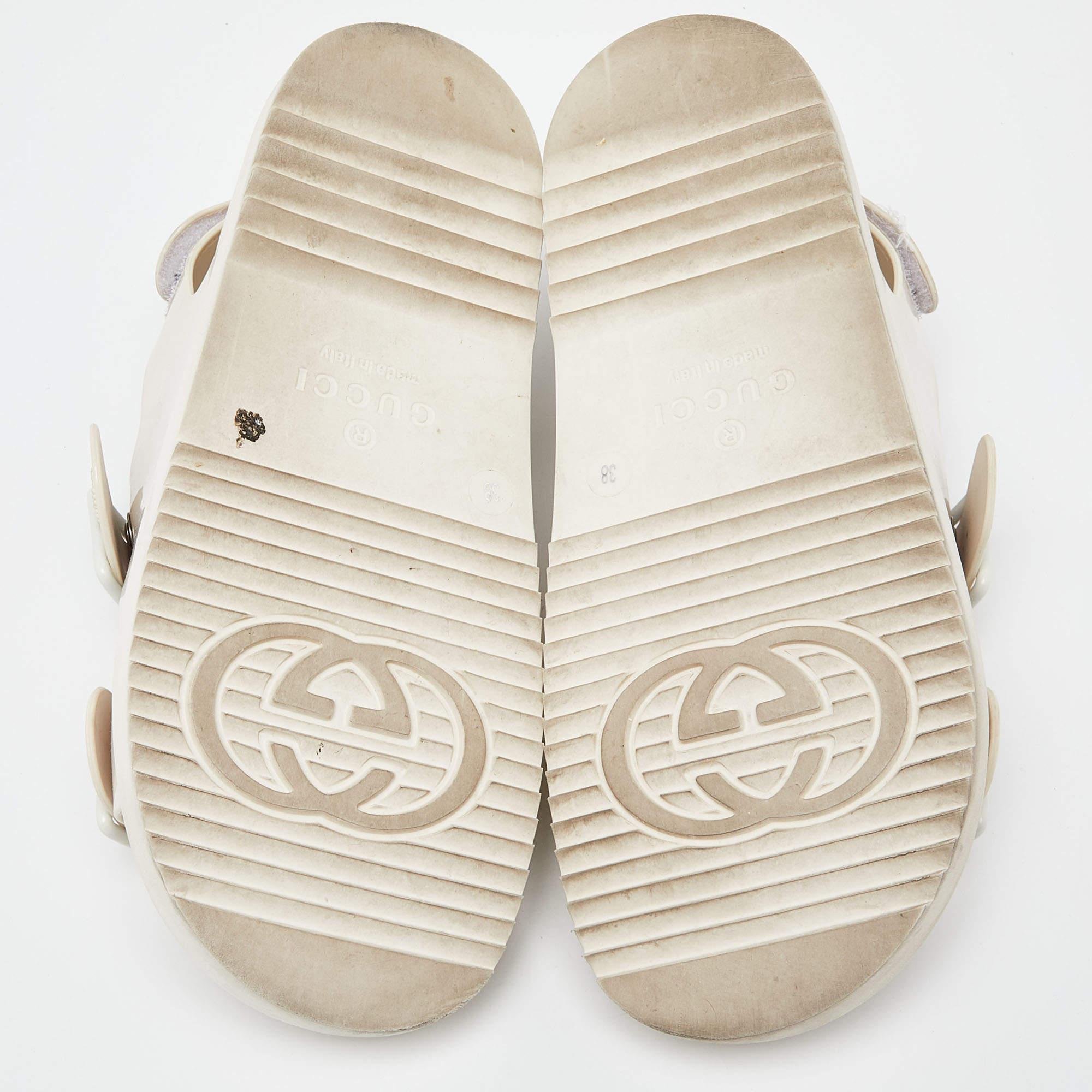Women's Gucci Off White Rubber Mini Double G Logo Dusty Ankle Strap Flat Sandals Size 38