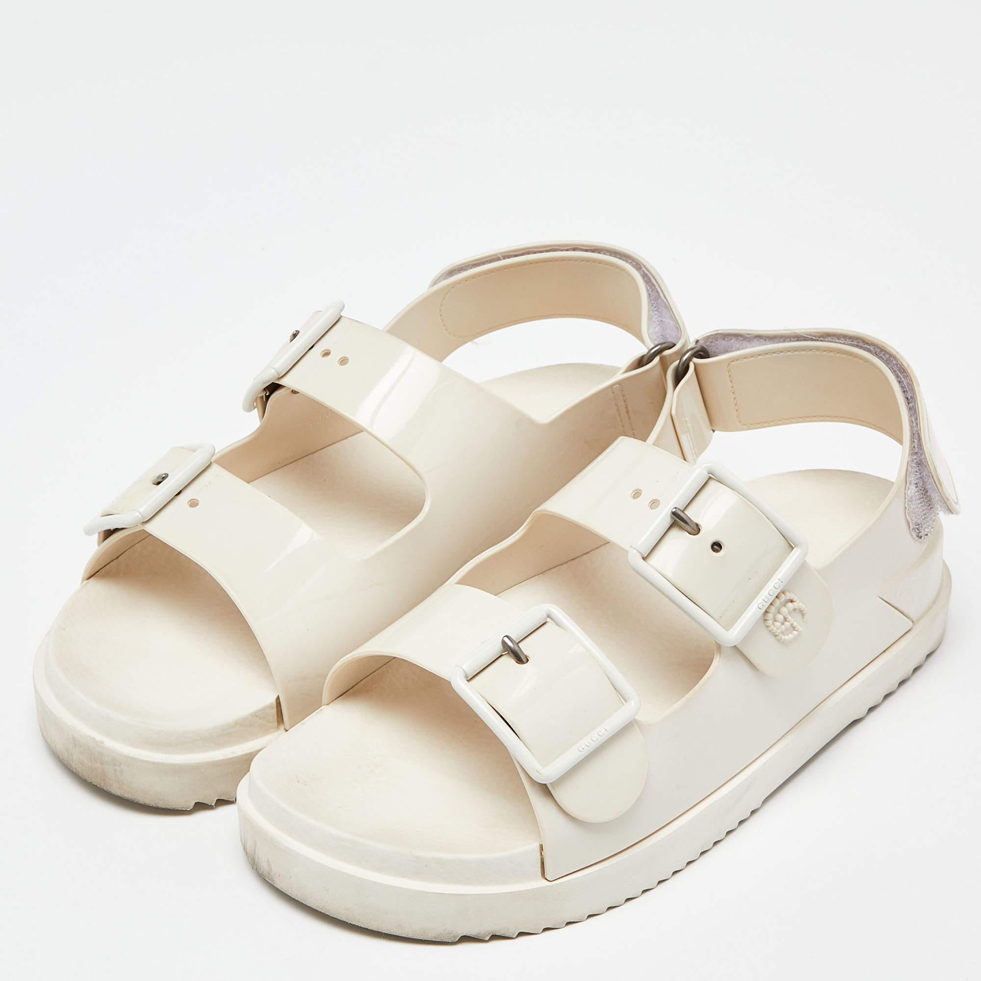 Gucci Off White Rubber Mini Double G Logo Dusty Ankle Strap Flat Sandals Size 38 1