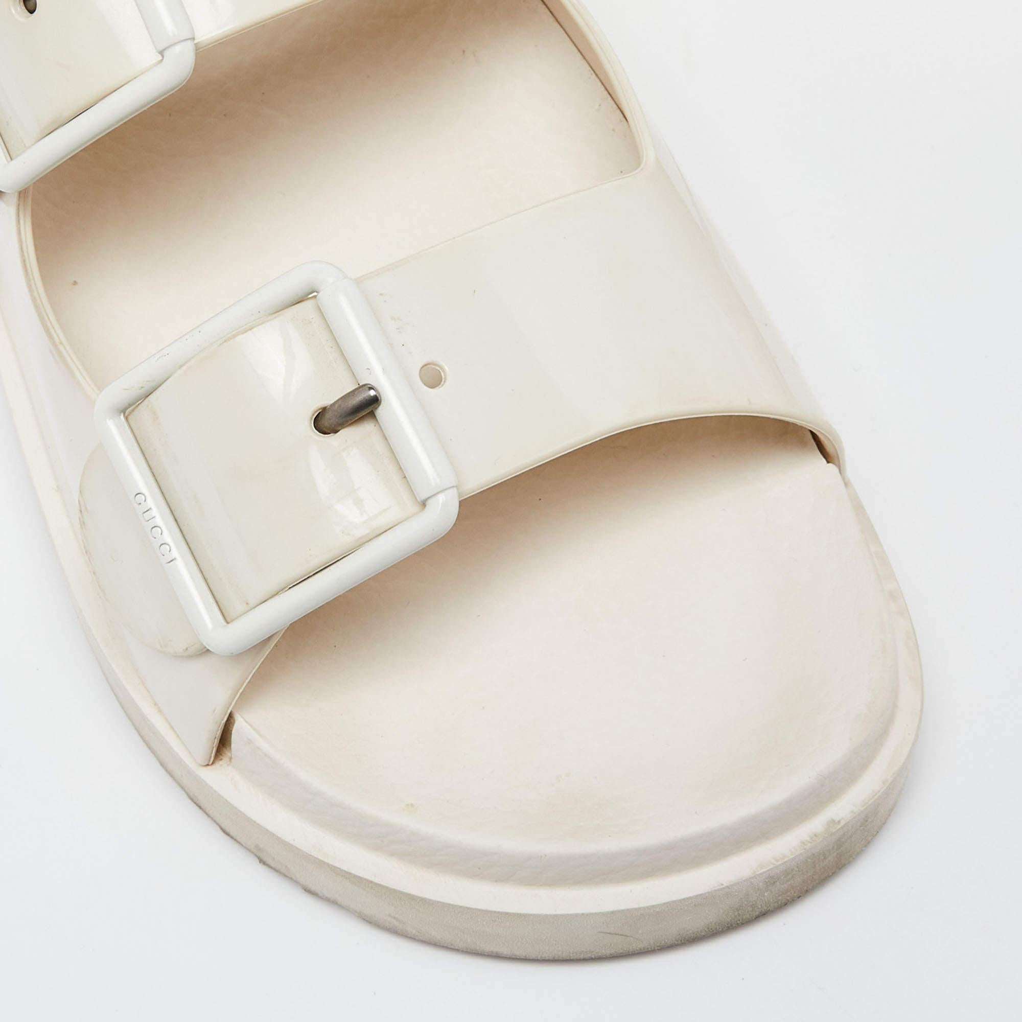 Gucci Off White Rubber Mini Double G Logo Dusty Ankle Strap Flat Sandals Size 38 5