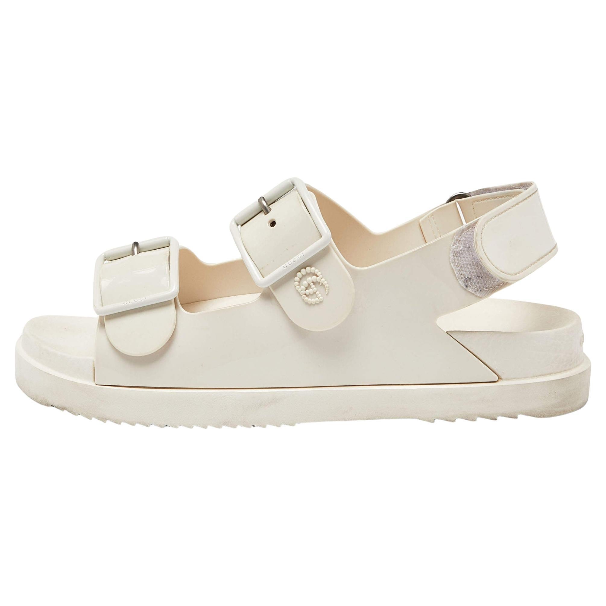 Gucci Off White Rubber Mini Double G Logo Dusty Ankle Strap Flat Sandals Size 38