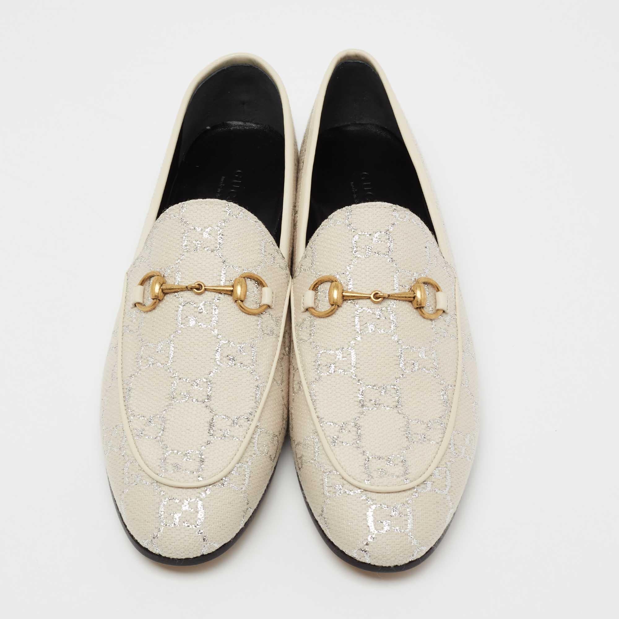 Gucci Off White/Silver GG Woven Lamé And Fabric Jordaan Horsebit Slip On Loafers 1