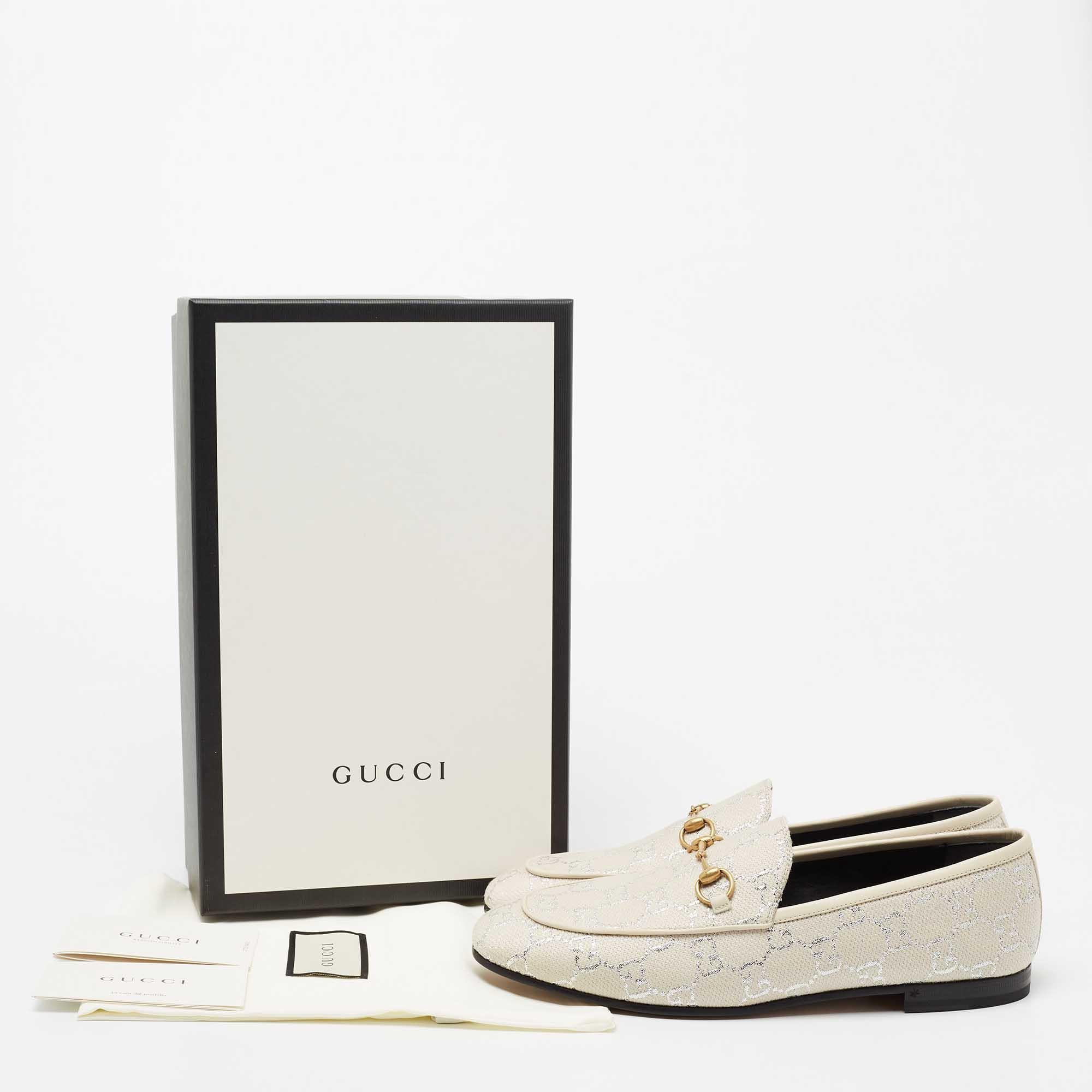 Gucci Off White/Silver GG Woven Lamé And Fabric Jordaan Horsebit Slip On Loafers 5