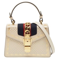 Gucci Off White Star Print Leather Mini Sylvie Top Handle Bag