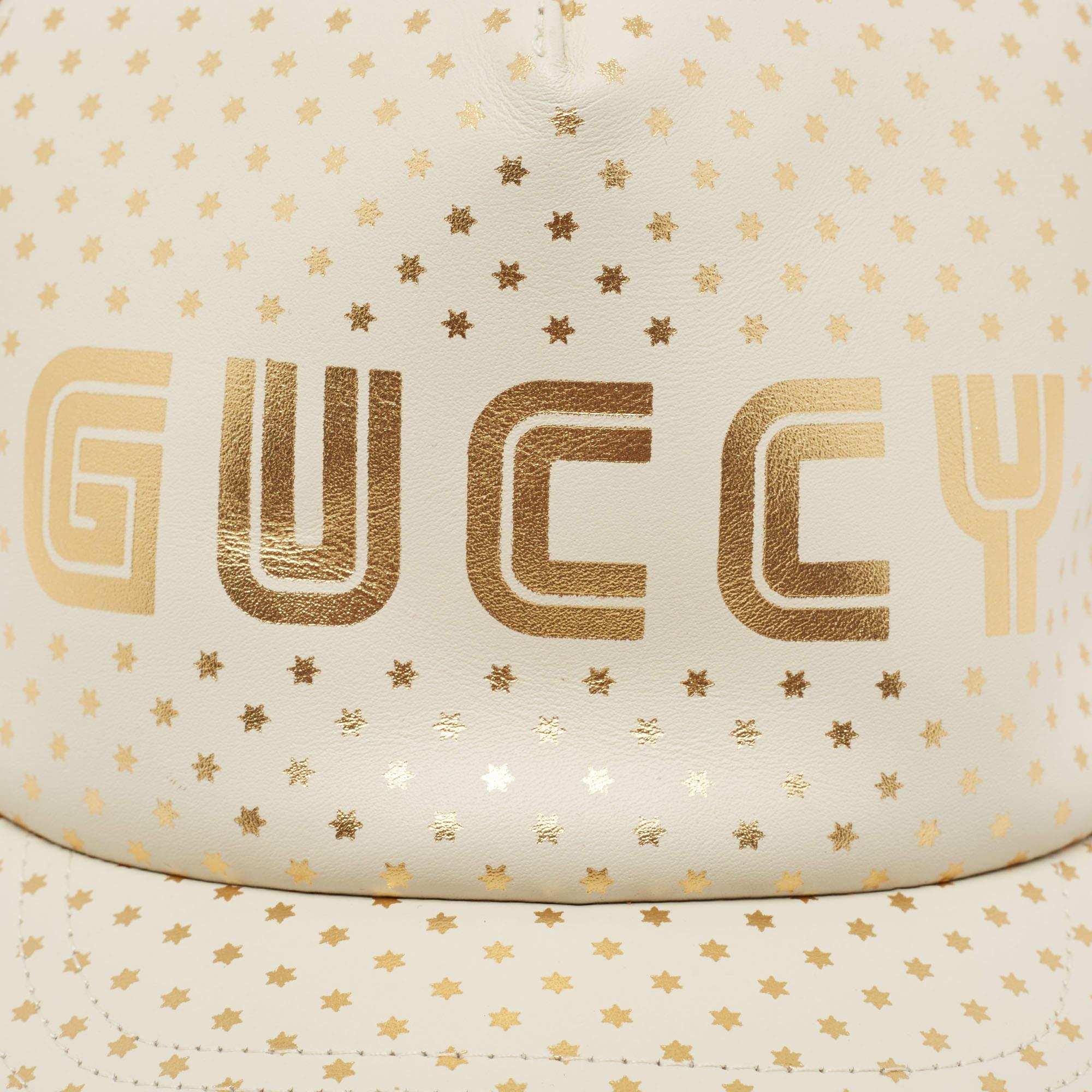 Gucci Off White Stars Logo Print Leather & Nylon Baseball Cap L In Excellent Condition For Sale In Dubai, Al Qouz 2
