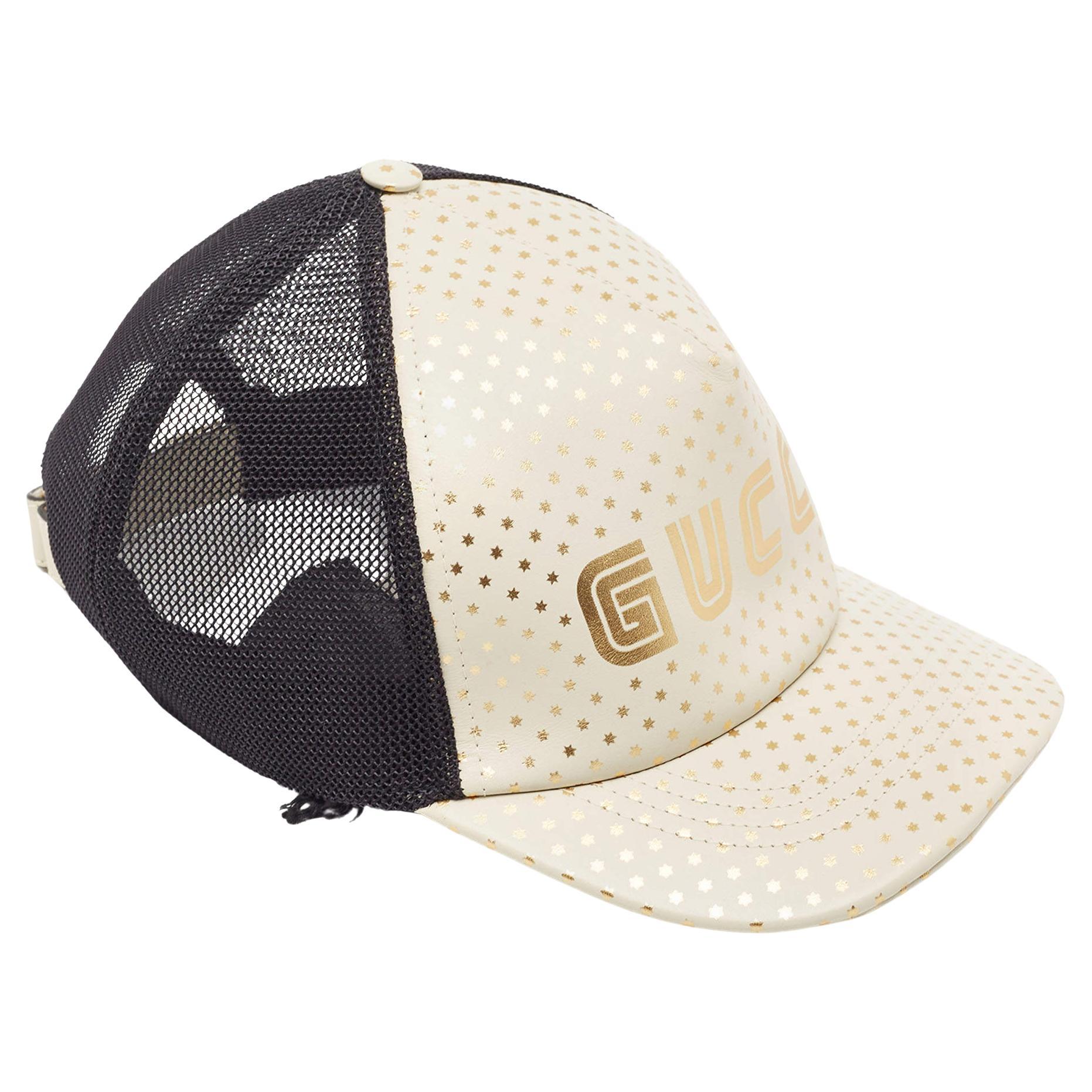 Gucci Off White Stars Logo Print Leather & Nylon Baseball Cap L