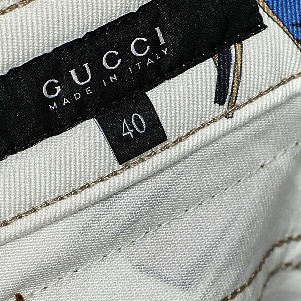Gucci Off - White Tropical Printed Cotton Twill Pants S In Good Condition For Sale In Dubai, Al Qouz 2