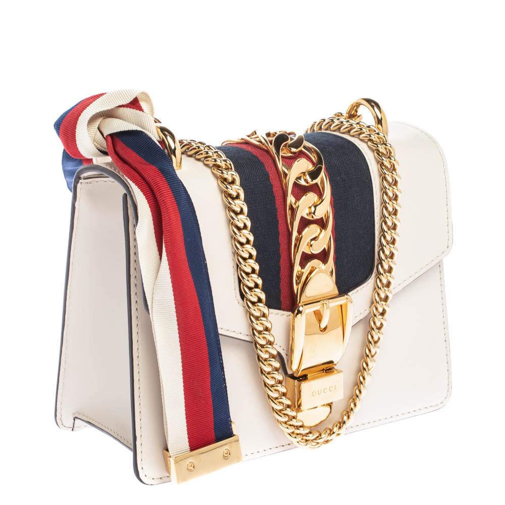 White Gucci Offwhite Leather Mini Web Chain Sylvie Shoulder Bag