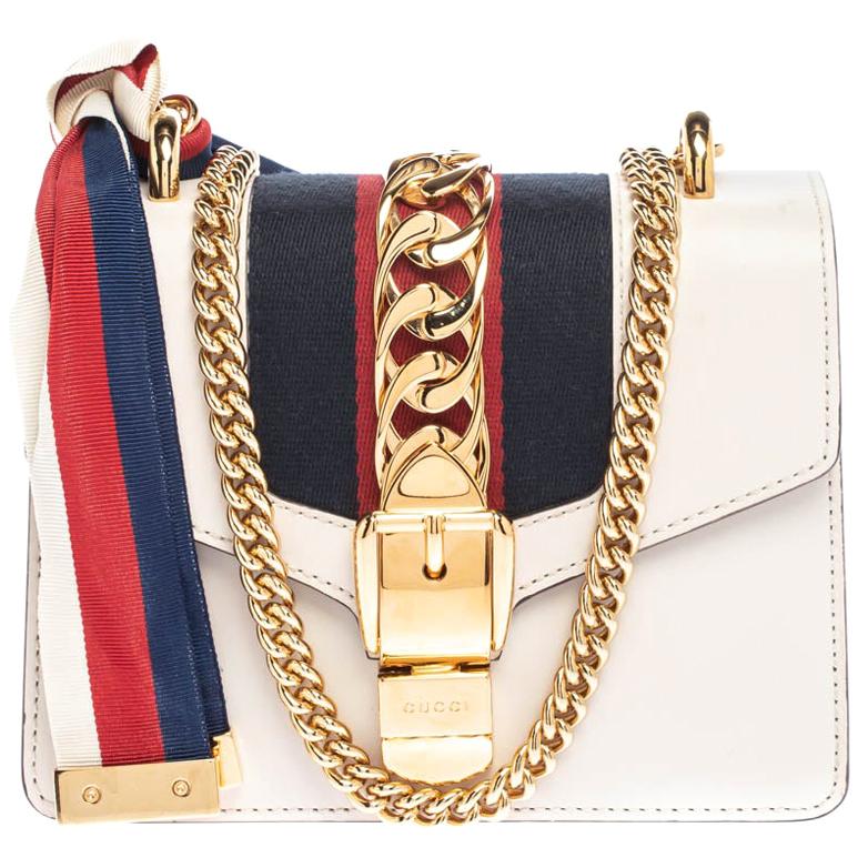 Gucci Offwhite Leather Mini Web Chain Sylvie Shoulder Bag