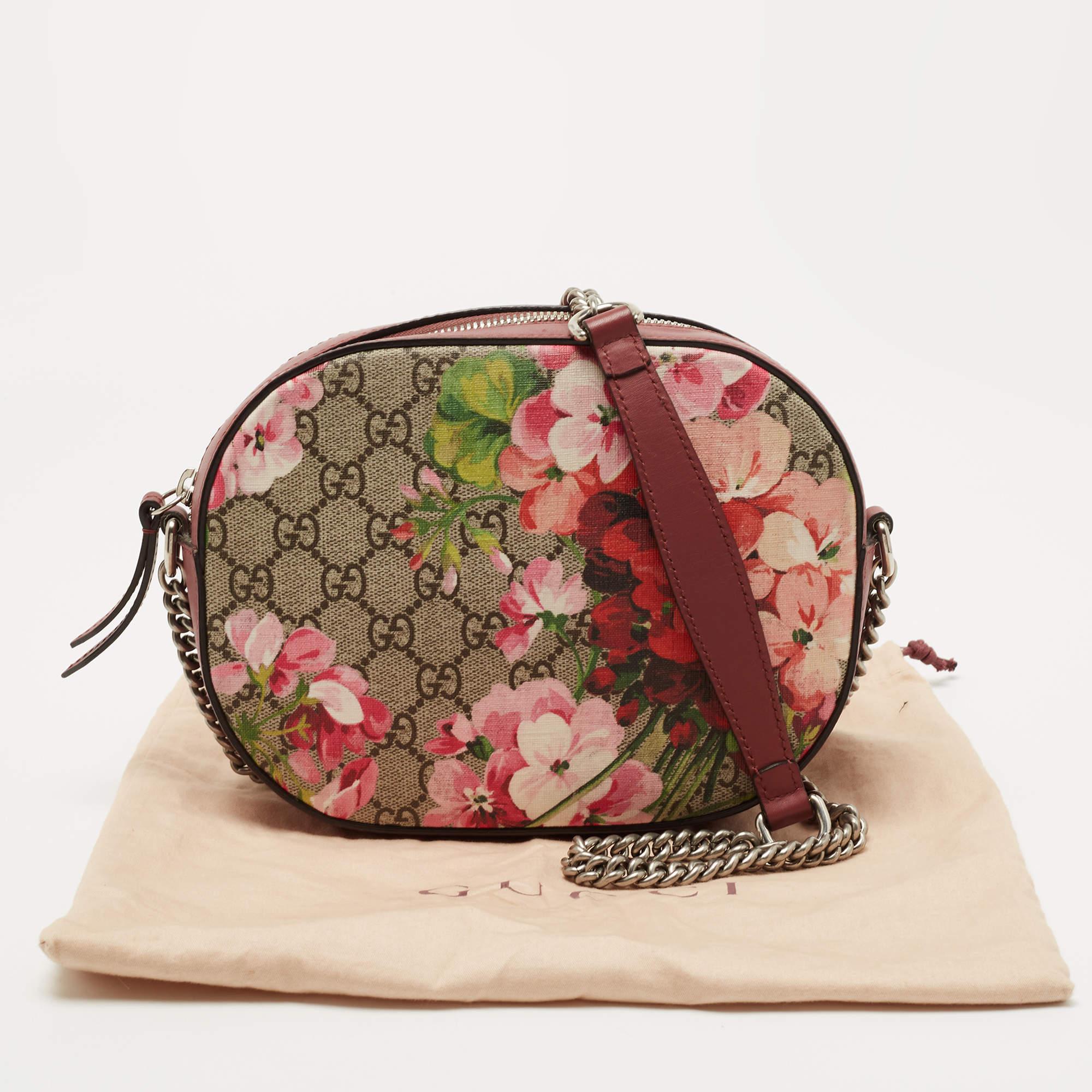 Gucci Old Rose GG Supreme Blooms Canvas and Leather Mini Chain Crossbody Bag 10
