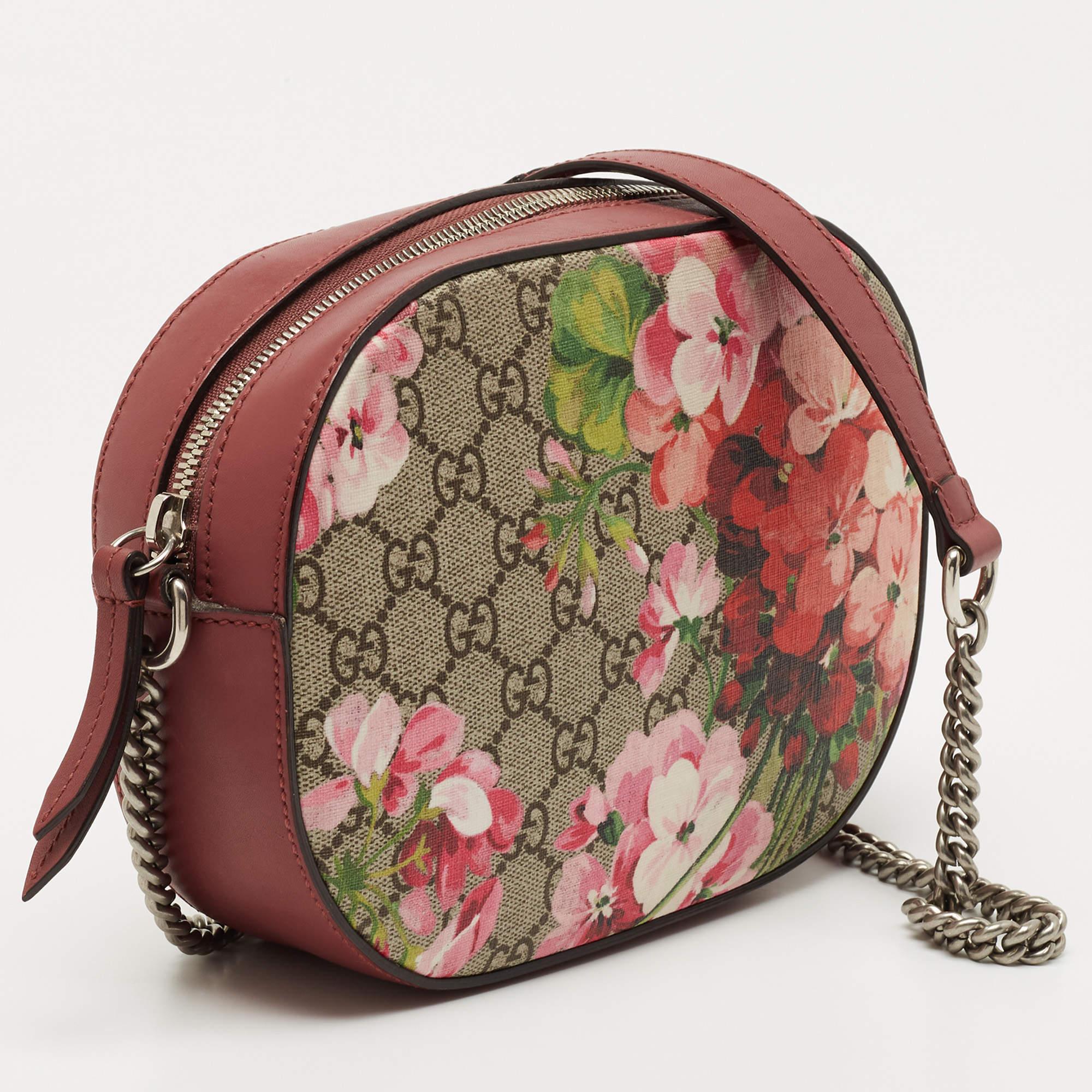 Gucci Old Rose GG Supreme Blooms Canvas and Leather Mini Chain Crossbody Bag 3