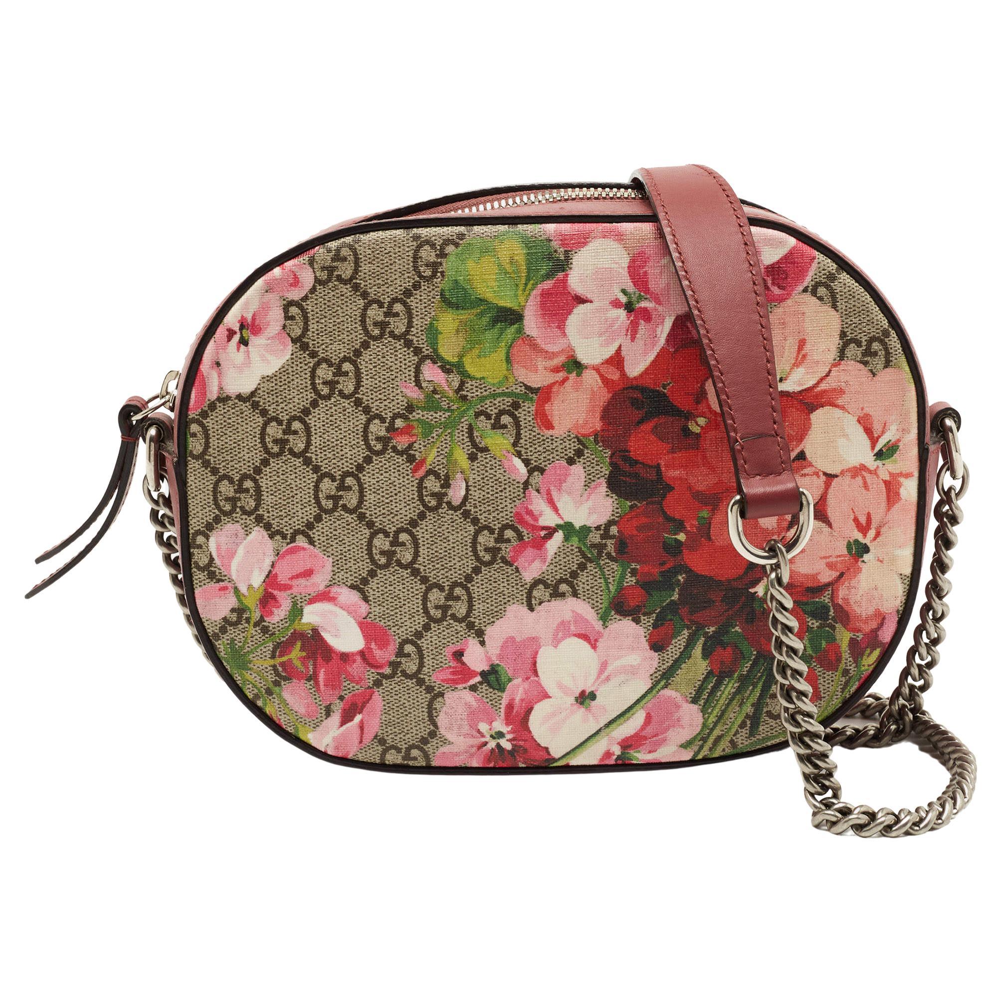 Gucci Old Rose GG Supreme Blooms Canvas and Leather Mini Chain Crossbody Bag