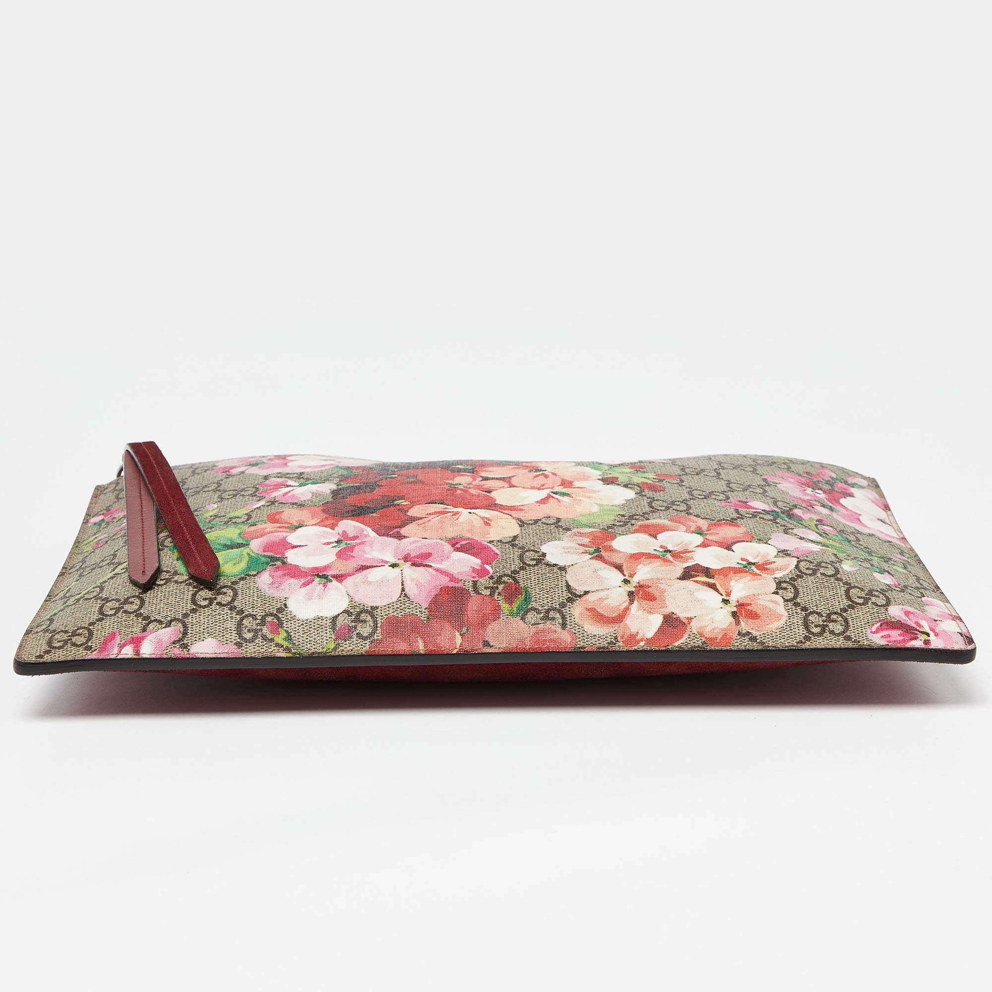 Women's Gucci Old Rose GG Supreme Blooms Canvas and Suede Zip Pouch