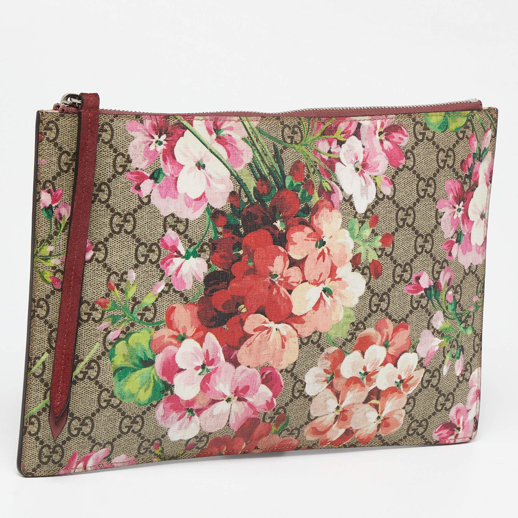 Gucci Old Rose GG Supreme Blooms Canvas and Suede Zip Pouch 1