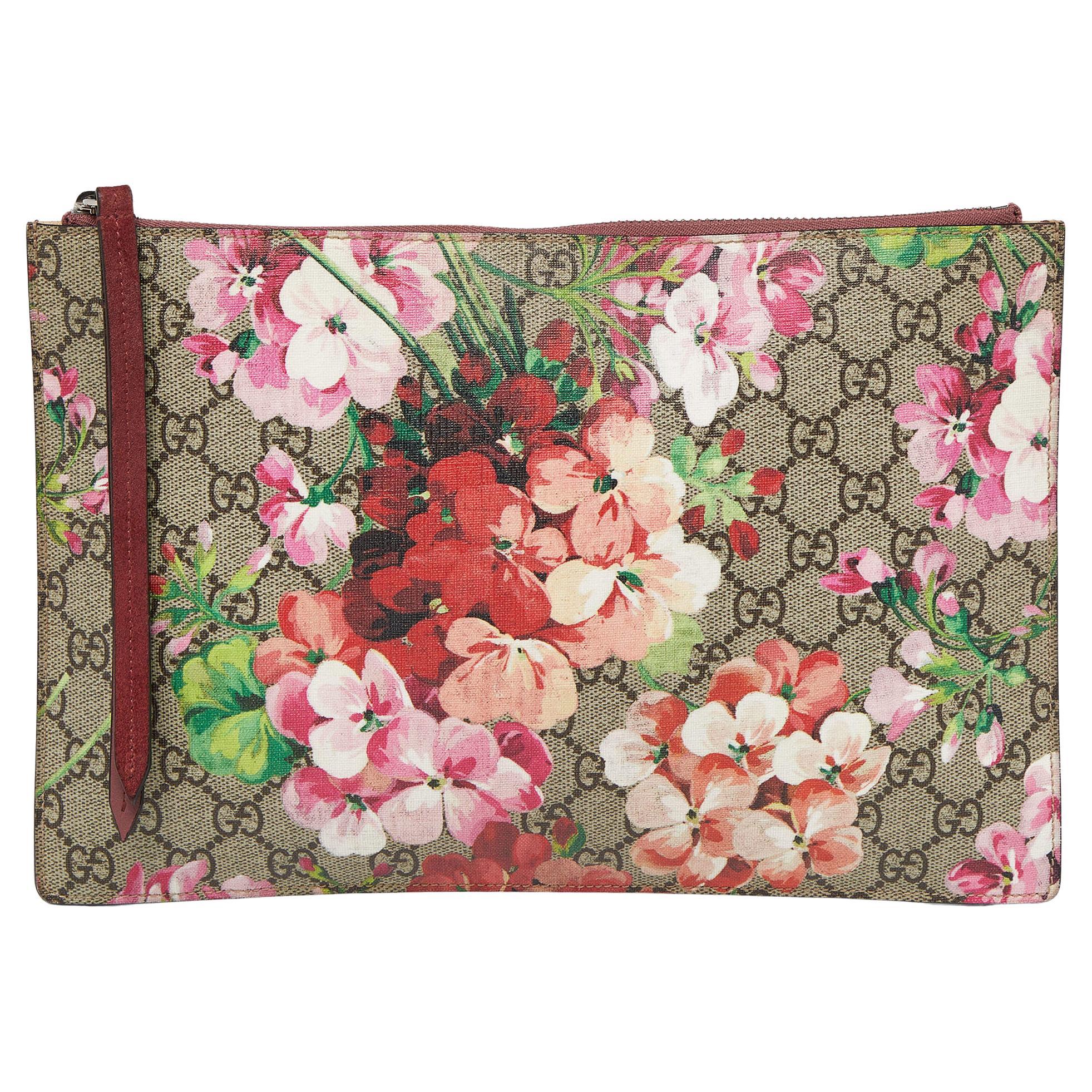 Gucci Old Rose GG Supreme Blooms Canvas and Suede Zip Pouch