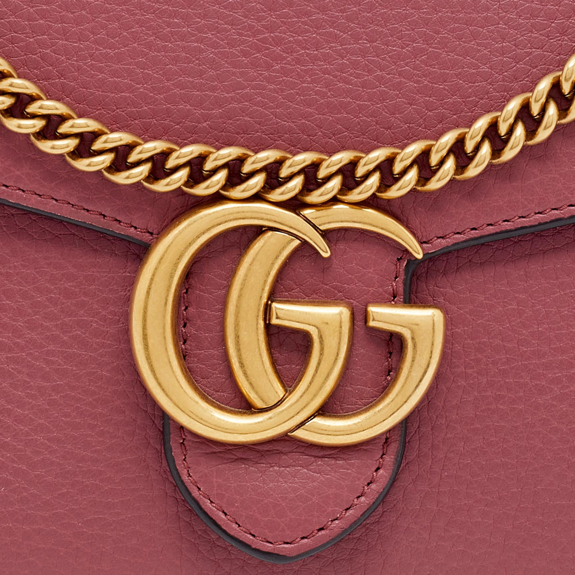 Pink Gucci Old Rose Leather GG Marmont Wallet on Chain