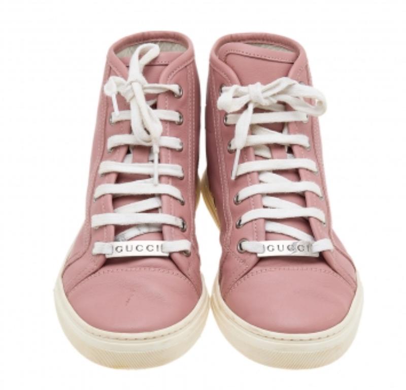 Brown Gucci Old Rose Leather High Top Sneakers Size 35 For Sale