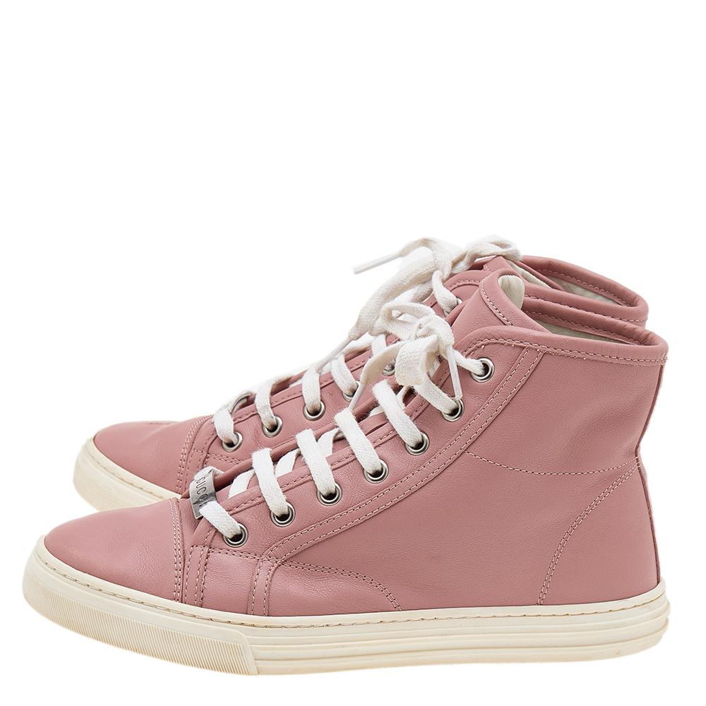 Beige Gucci Old Rose Leather High Top Sneakers Size 35 For Sale