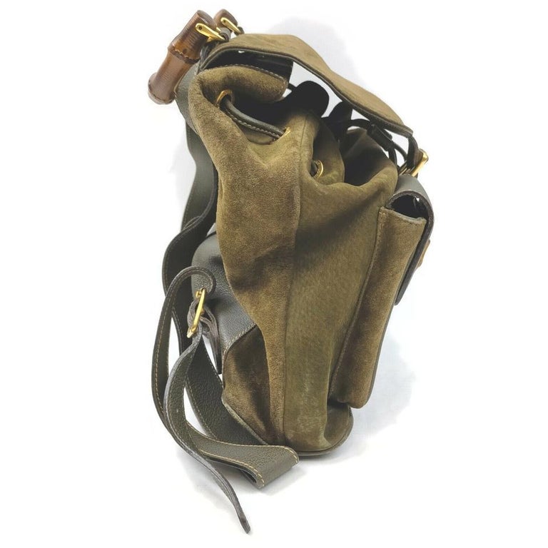 Gucci Olive Brown Khaki Suede Bamboo Backpack 863001 at  display picture 3