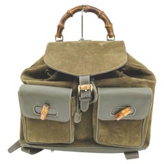 Gucci Olive Brown Khaki Suede Bamboo Backpack 863001