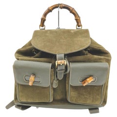 Retro Gucci Olive Brown Khaki Suede Bamboo Backpack 863001