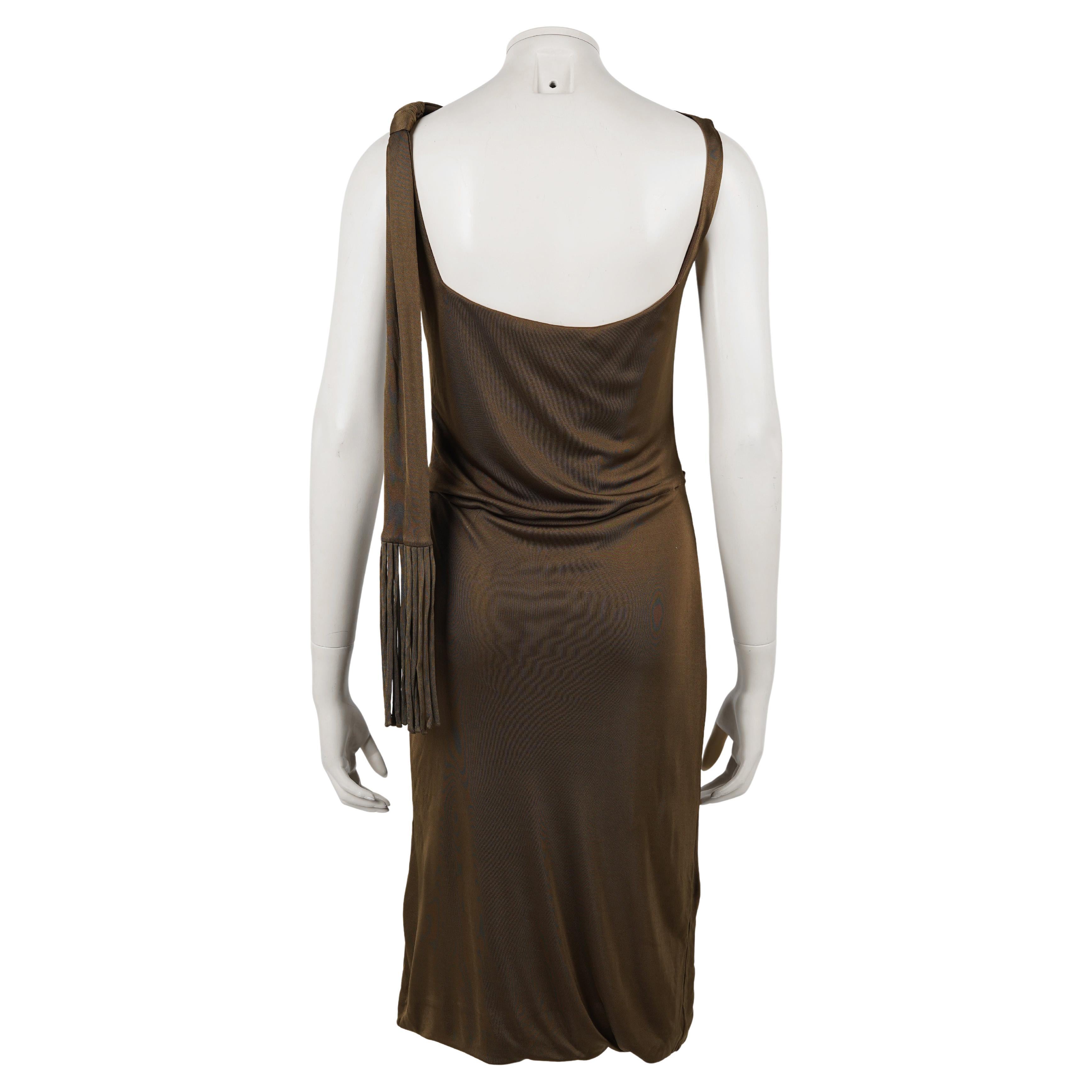 Gucci Olive Draped Open-Back Evening Dress Fringe Detail, Frida Giannini, 2008 Bon état - En vente à Berlin, DE