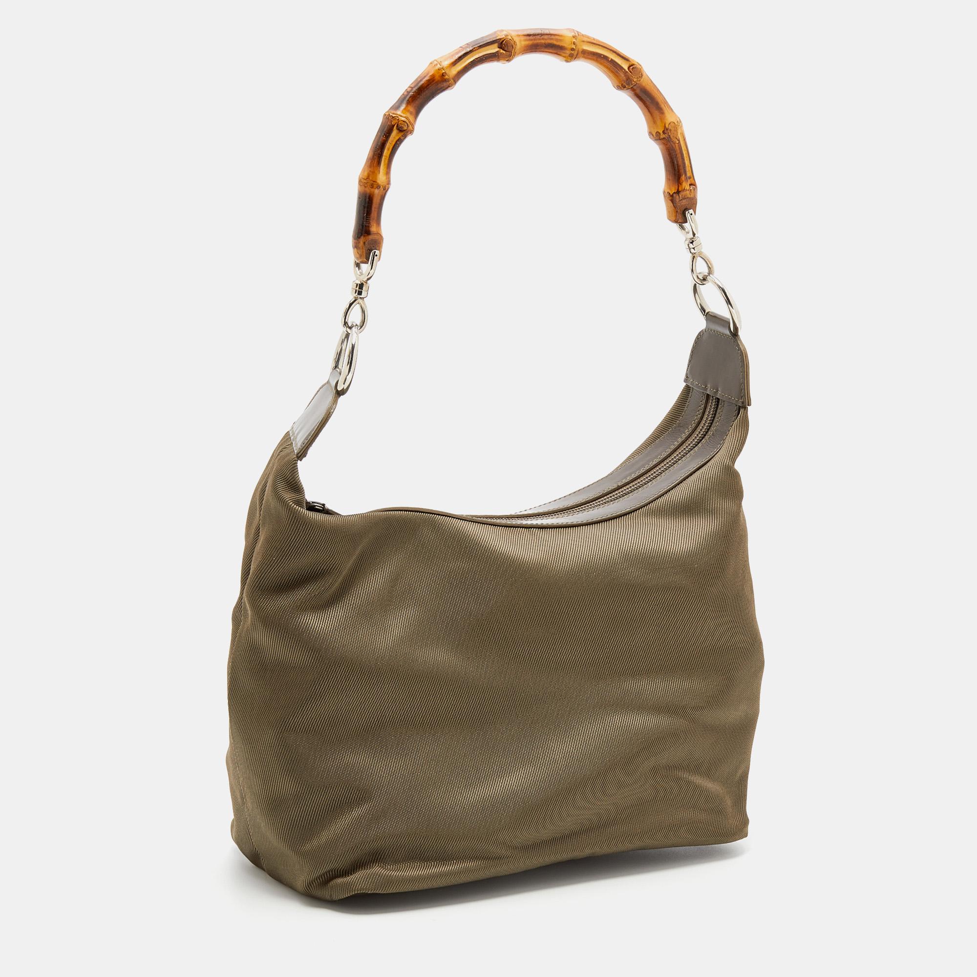 Gucci Olive Green Canvas And Patent Leather Peggy Bamboo Hobo 5