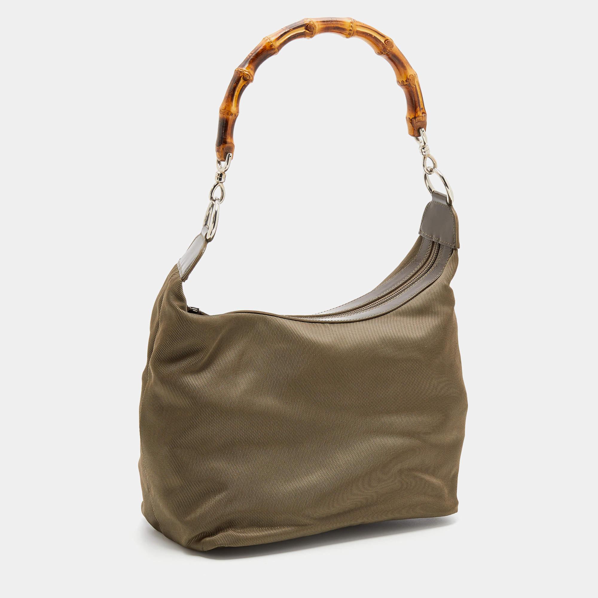 Gucci Olive Green Canvas And Patent Leather Peggy Bamboo Hobo 1