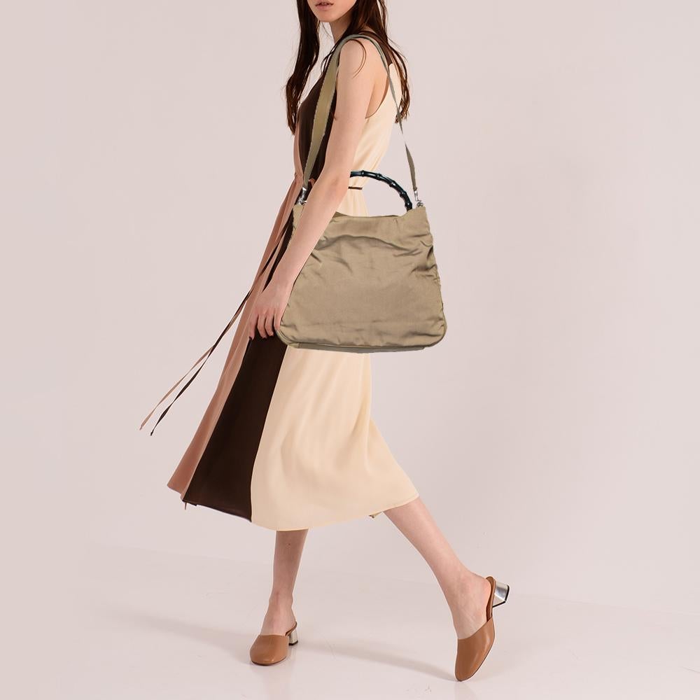 Brown Gucci Olive Green Fabric Bamboo Handle Hobo