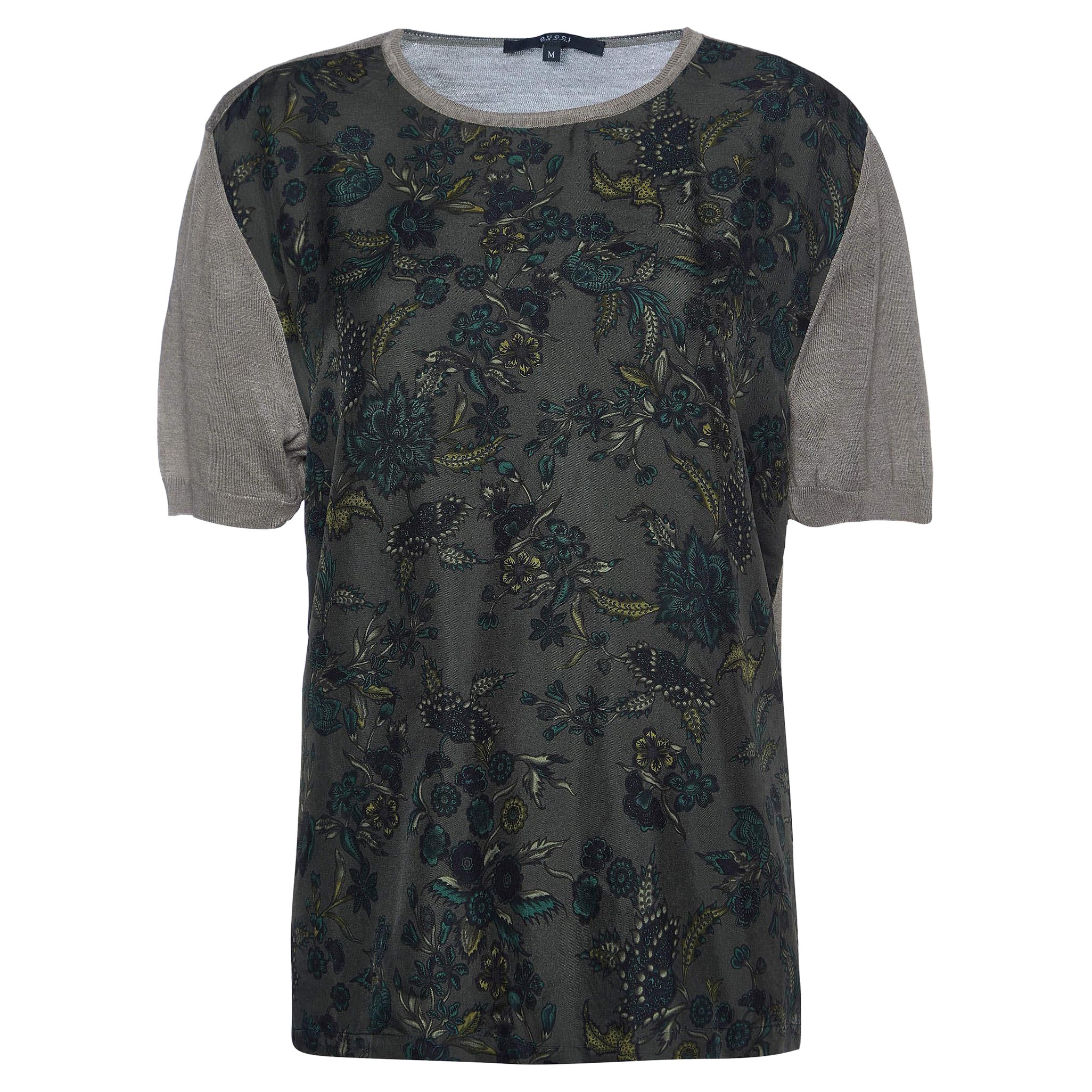 Gucci Olive Green Floral Print Silk 
Knit Crew Neck Jumper M