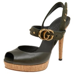 Gucci Olive Green Leather And Suede GG Cork Platform Ankle Strap Sandals Size 37