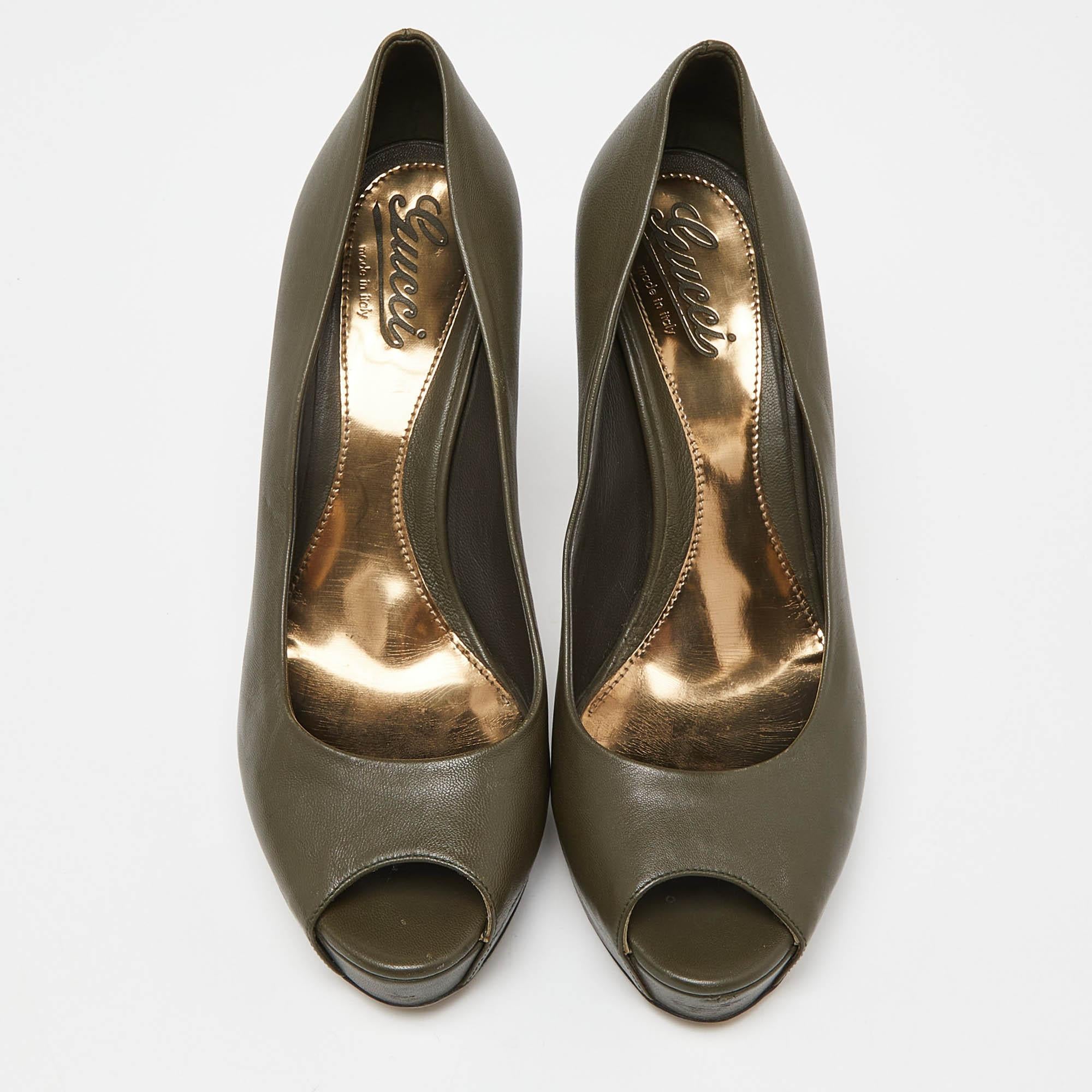 Black Gucci Olive Green Leather Peep Toe Platform Pumps Size 40.5 For Sale