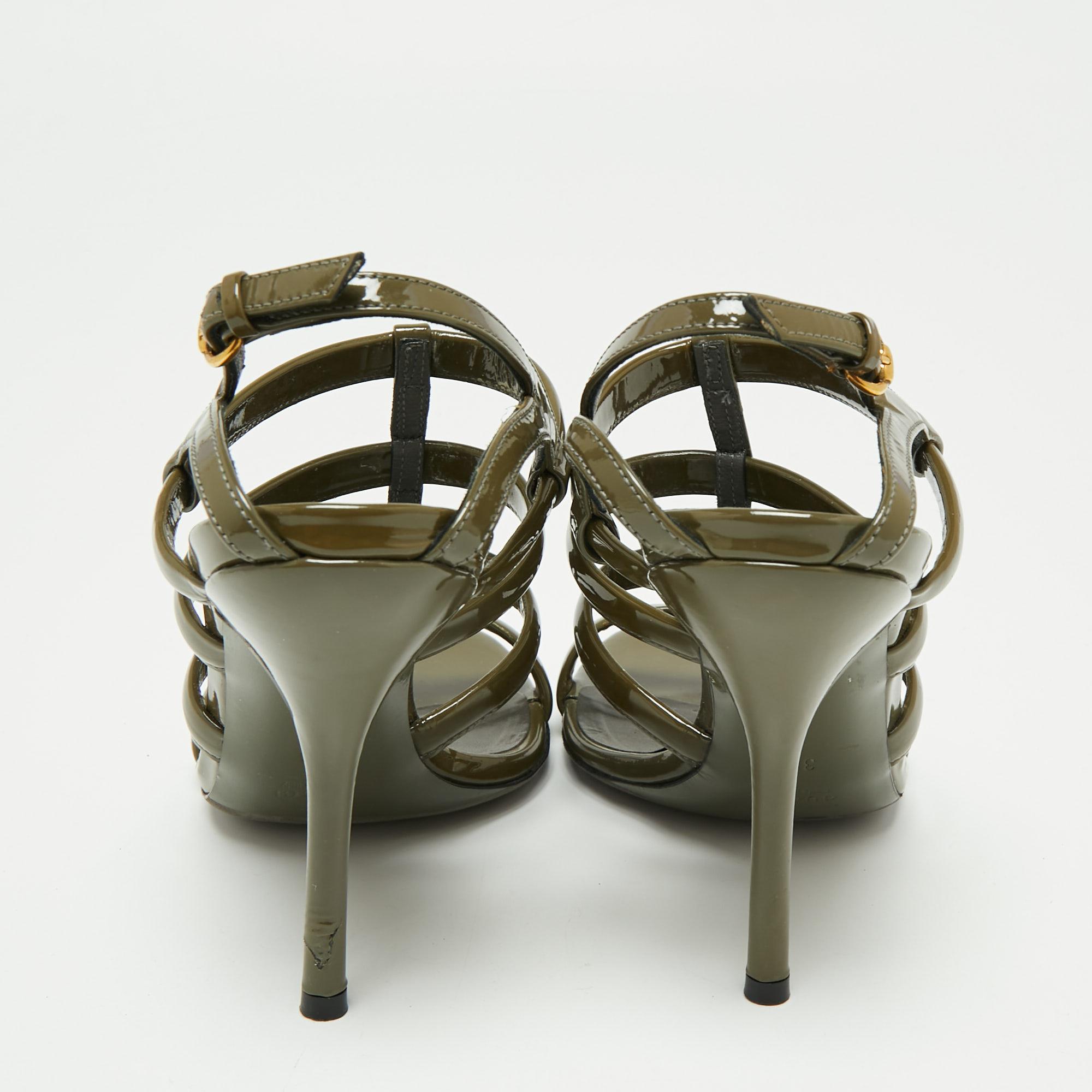 Gray Gucci Olive Green Patent Leather Ankle Strap Gladiator Sandals Size 38